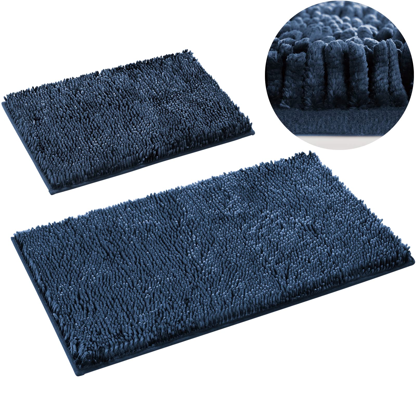 HOMEIDEAS Navy Blue Bathroom Rug Set, 2 Pieces Chenille Bath Rug Set, Non Slip Velvety-Soft Butter Chenille Bath Mat, 3X Absorbent Shaggy Bathroom Mat Set for Bathroom, Tub, Shower, Machine Washable