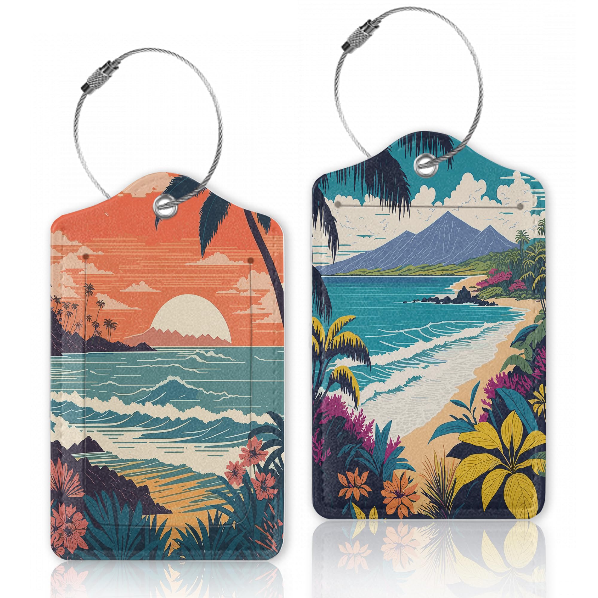 2 Pcs Luggage Tags for Suitcase,Tropical Palm Ocean Landscape Vintage Luggage Tag Name Id Labels with Privacy Cover for Travel Backpack Women Men