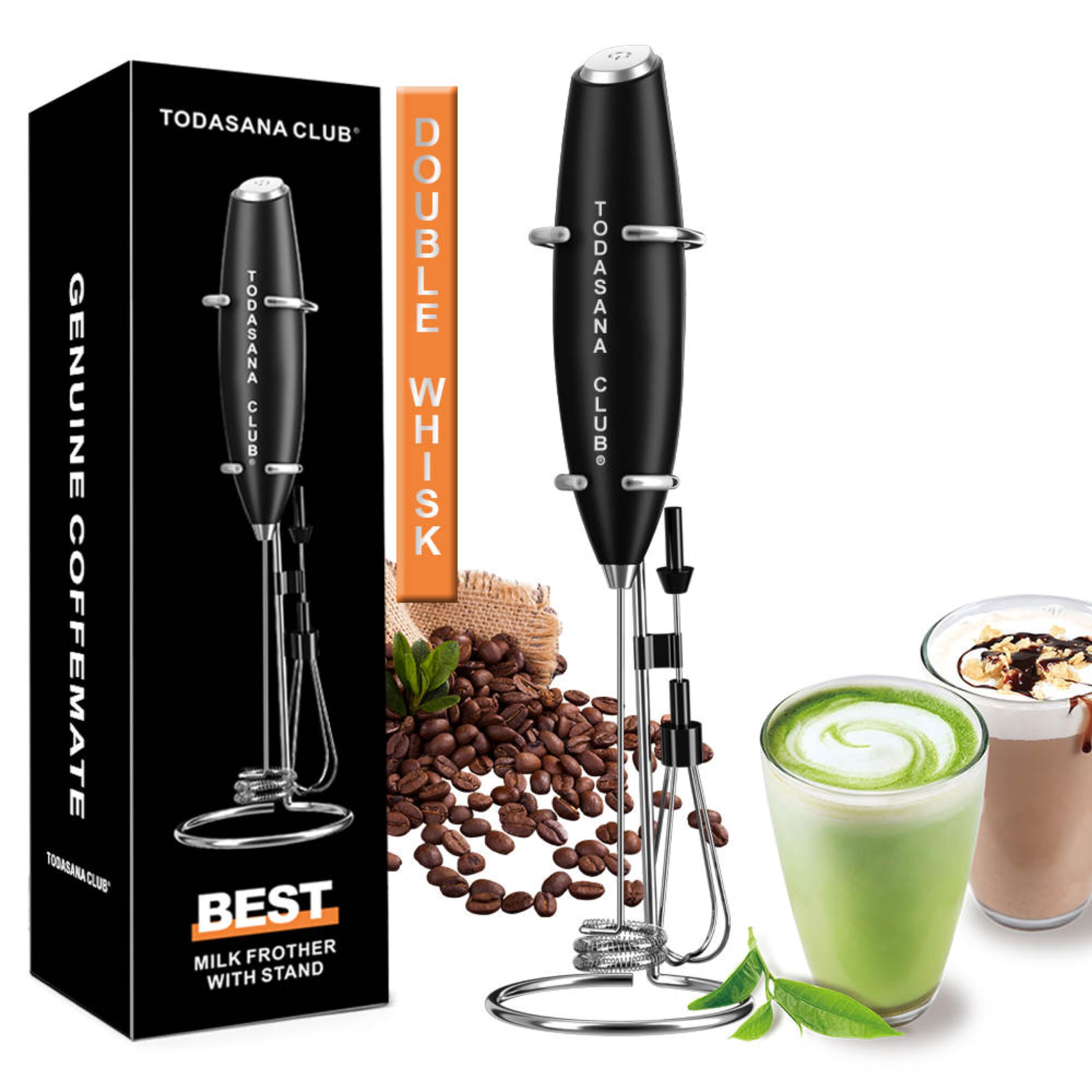 TODASANA CLUB® Milk Frother Wand | Best Double Whisk Milk Frother Handheld | High Powered 19000rpm/min With Improved Motor Electric | Drink Mixer For Coffe, Cappuccino, Frappe, Matcha & More