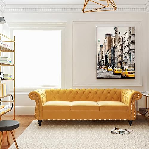 Miniatura 4 de ORRD Chesterfield - Sofá de terciopelo, moderno sofá copetudo de 3 plazas con brazos enrollados y cabeza de clavos para sala de estar, dormitorio,