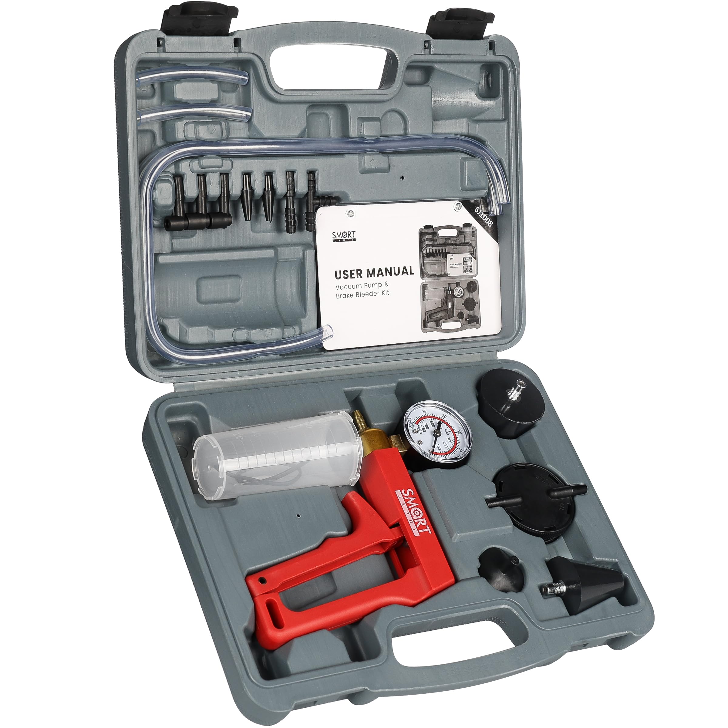 SMART JERRY - Kit de purge de frein avec pompe à vide manuelle | Kit de purge de liquide de frein 17 pièces pour moto | Outil de purge de frein à vide avec manomètre et étui de rangement