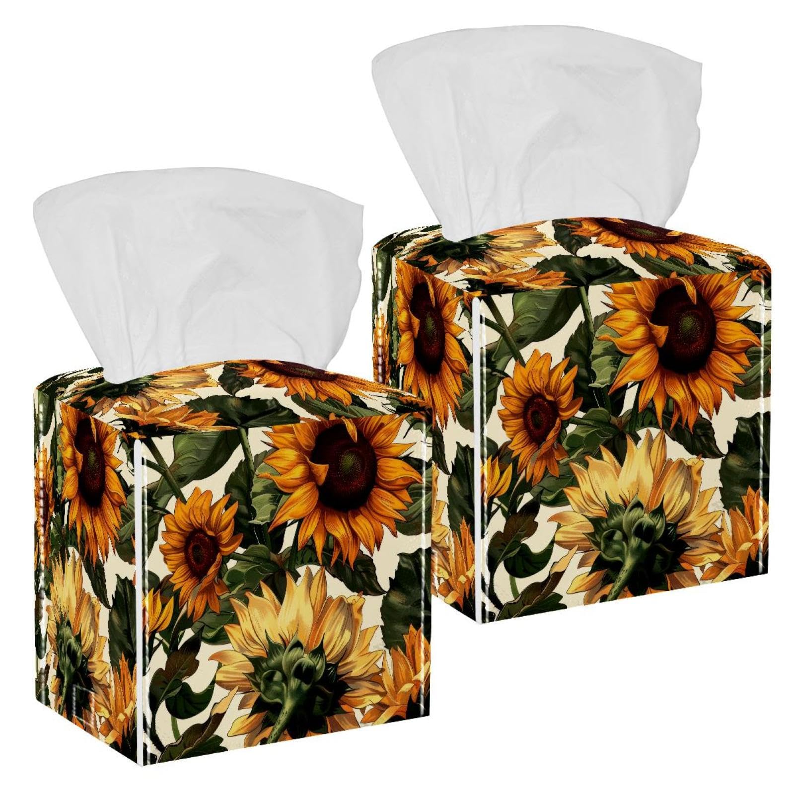 Sunflowers Tissue Box Cover, 2 Pack PU Leather Square Facial Tissue Dispenser Box holder for Home Office Car