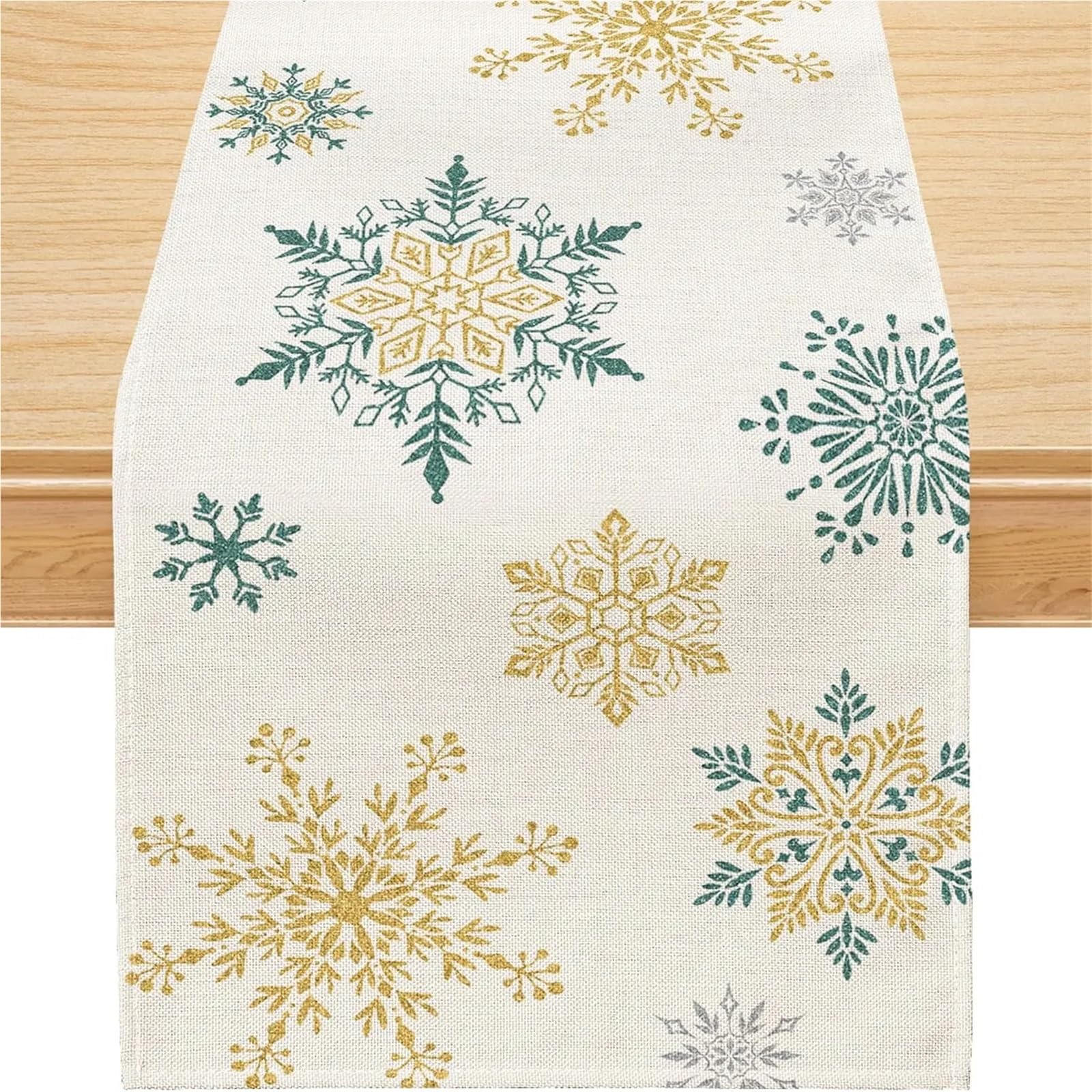 Chemin de table Noël en lin à motifs dorés pour décoration table hiver