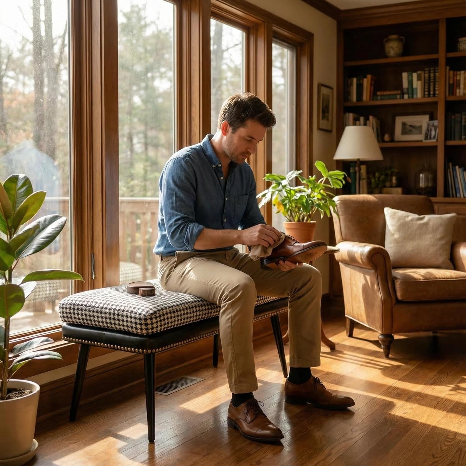 Retro Entryway Bench with Nailhead Trim, Leather & Fabric Upholstered Shoe Bench, Hallway Seating, Soft Padded Seat Bench for Bedroom, Living Room, Dining Room, Vanity, and Foyer
