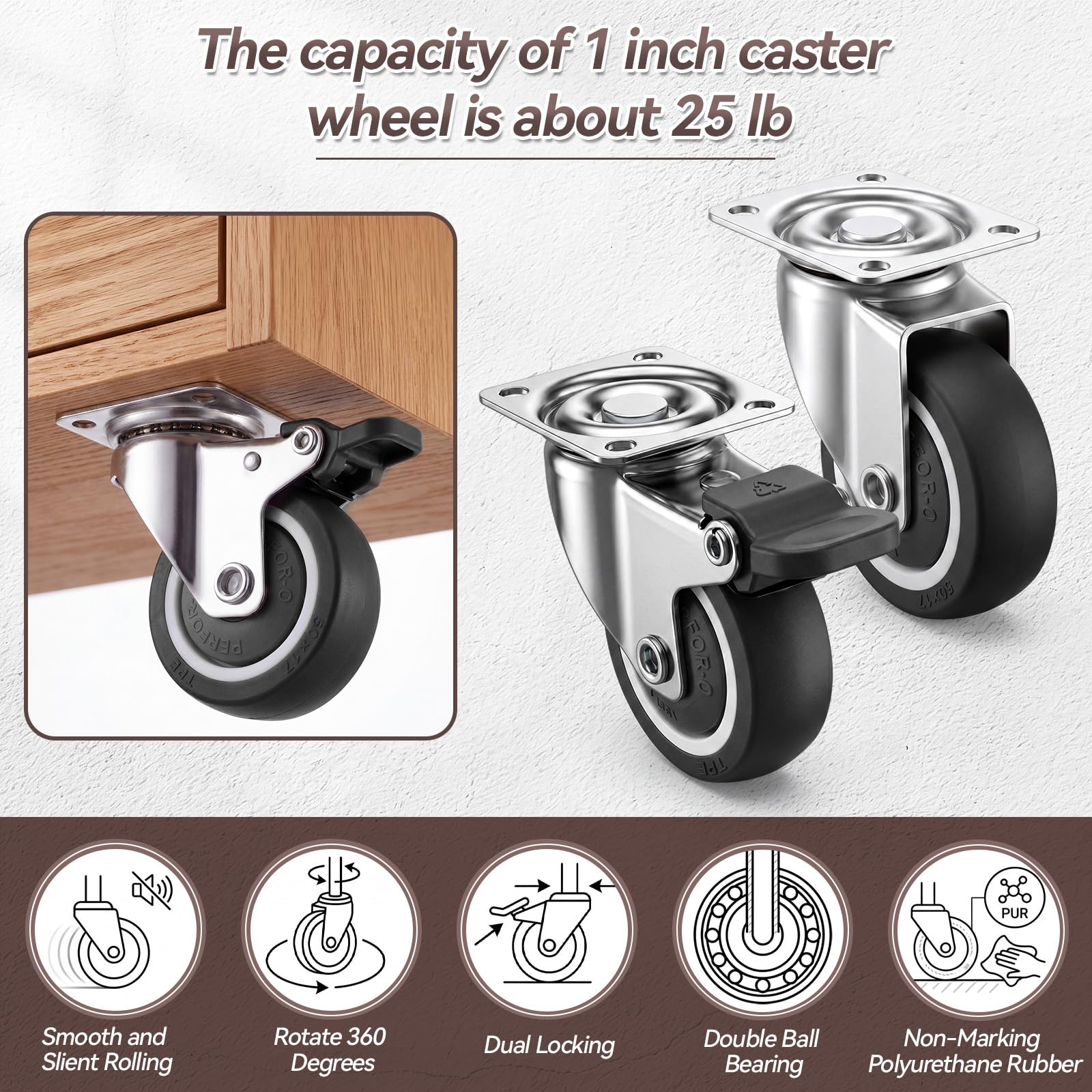 12 ruedas giratorias de perfil bajo de 1 pulgada con frenos, capacidad de 100 lb, pequeñas, de goma suave, silenciosas, con giro de 360 grados. Juego de 4 ruedas para carros de muebles. Incluye 50 t