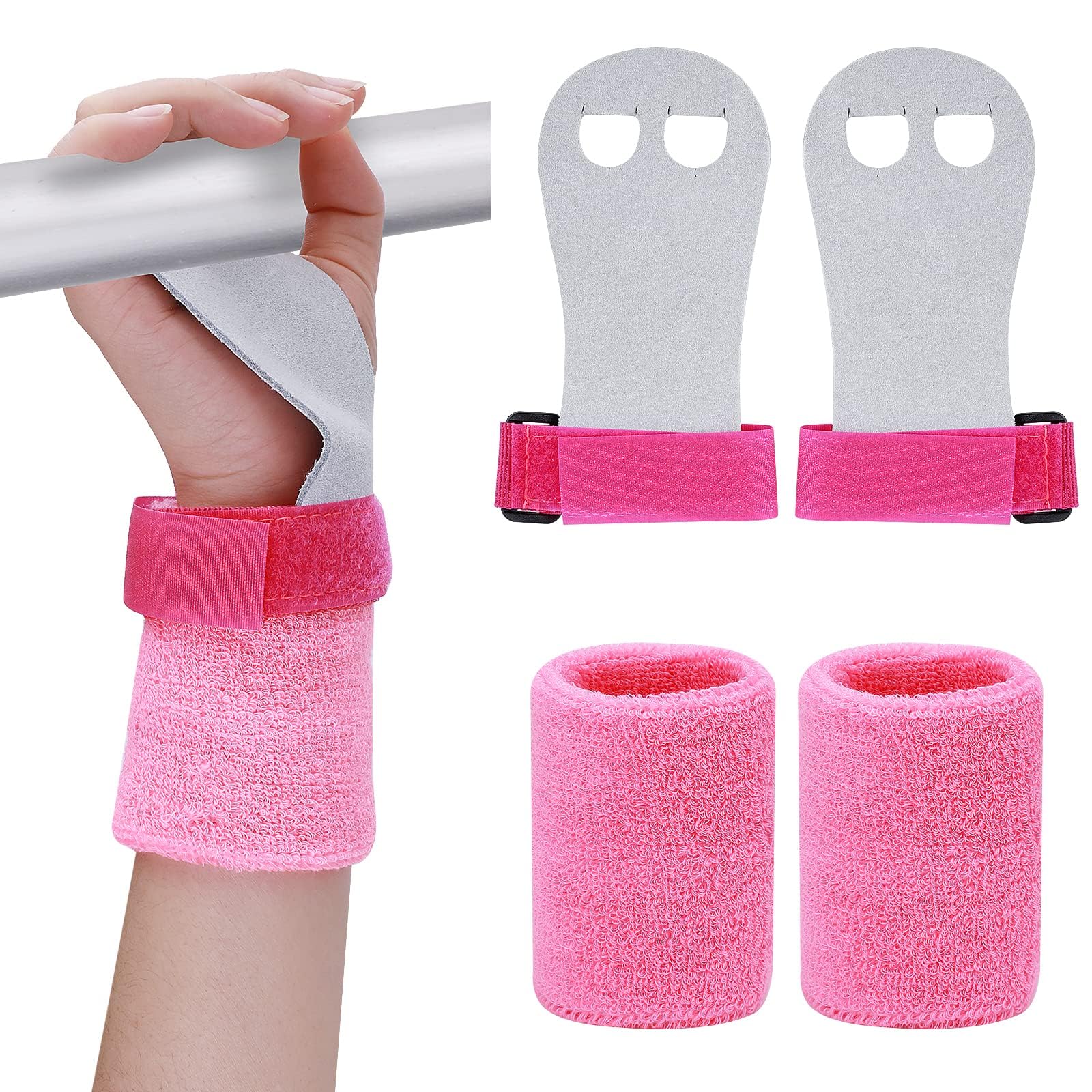 4 Pack Kids Gymnastics Grips, Gymnastics Palm Guard, Pink Gymnastic Hand Grips Athletic Pink Wrist Bands Terry Cloth Sweat Bands Girls Sports Accessories for Kids Basketball Tennis Football Baseball