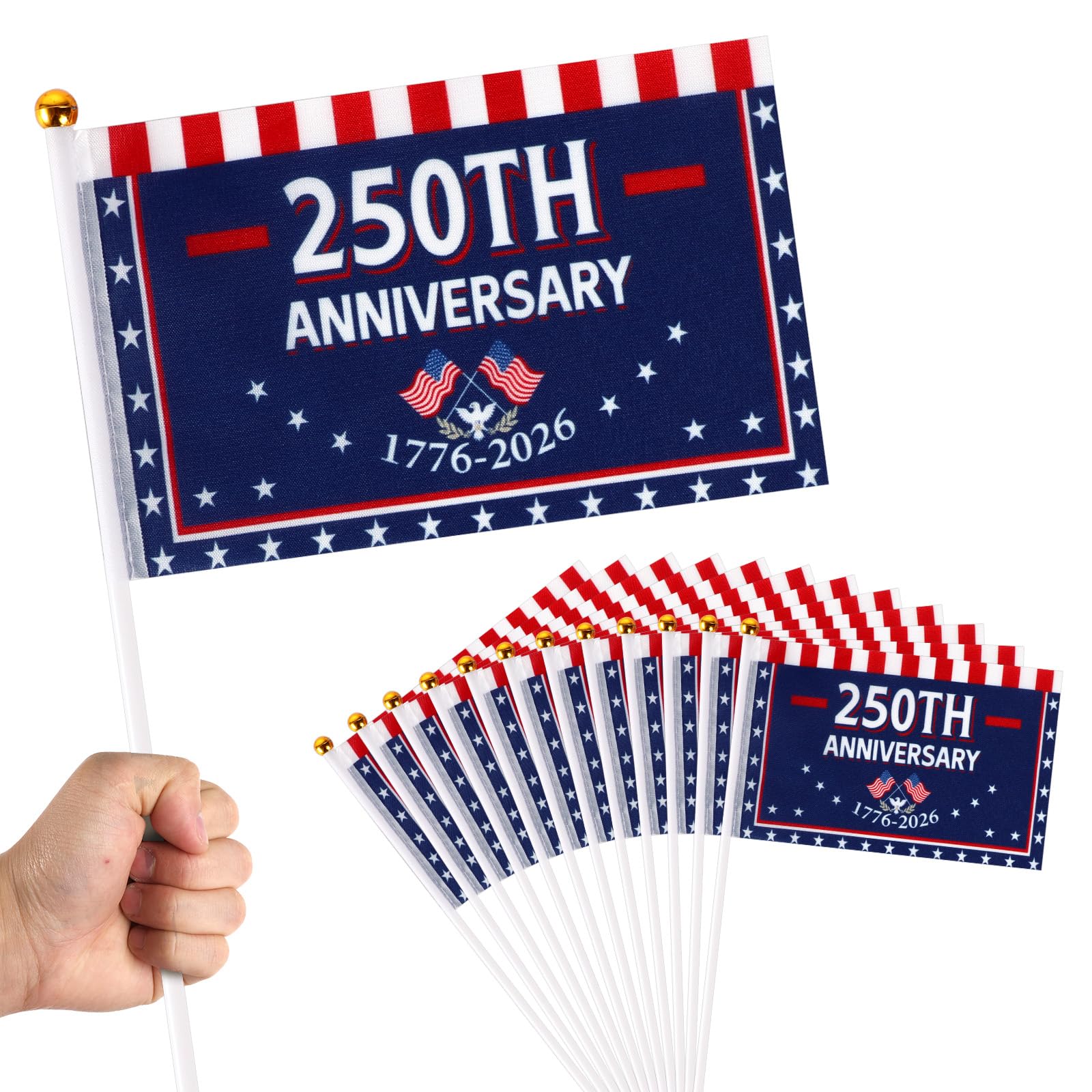 Photo 1 of 100 Pack 4x6 Inch Small American Flags on Stick, 250 Year American Anniversary Stick Flag 4th of July Independence Day Mini Patriotic Signs Hand Held Flags for 1776-2026 250th Birthday Decorations Gifts Favors
