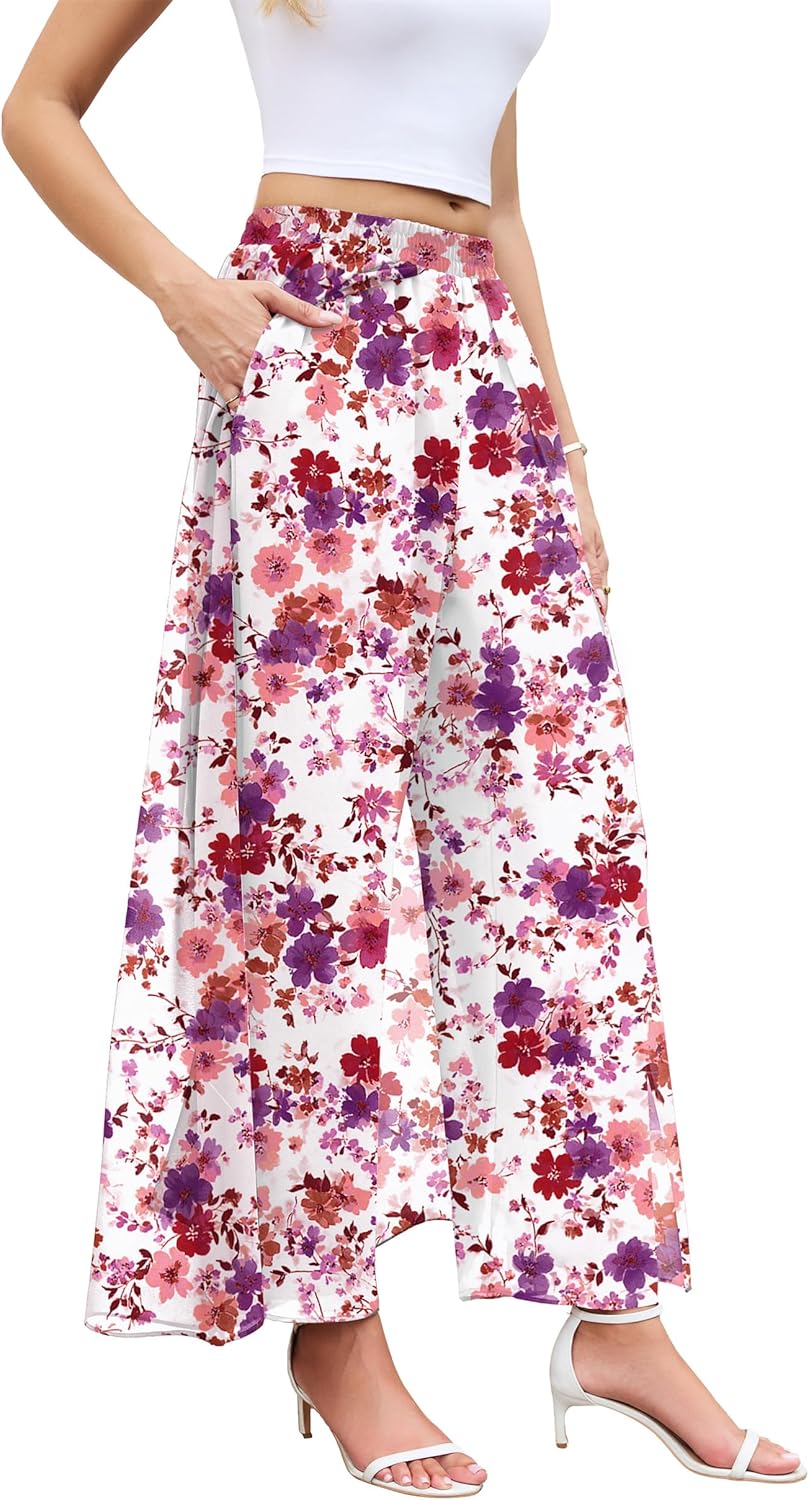 WANGZHI Women's Wide Leg Dress Pant Elegant Party Elastic Waist Trouser with Pockets