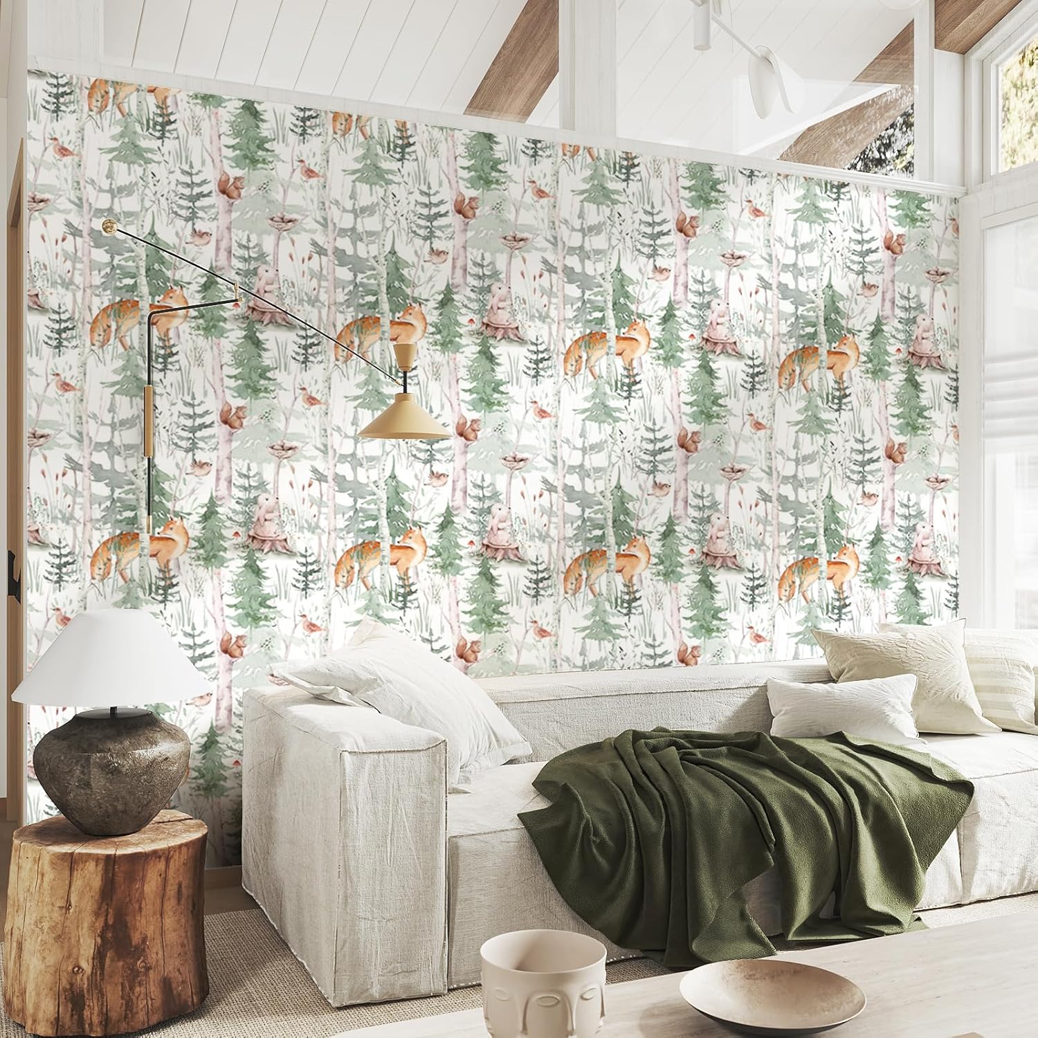 VaryStyle Fairy Forest Wallpaper Woodland Pine Tree Animal Peel and Stick Wallpaper Watercolor Cute Fox/Bunny Wall Paper for Nursery Kids Room 17.7"x118" Removable Contact Paper for Cabinets Walls