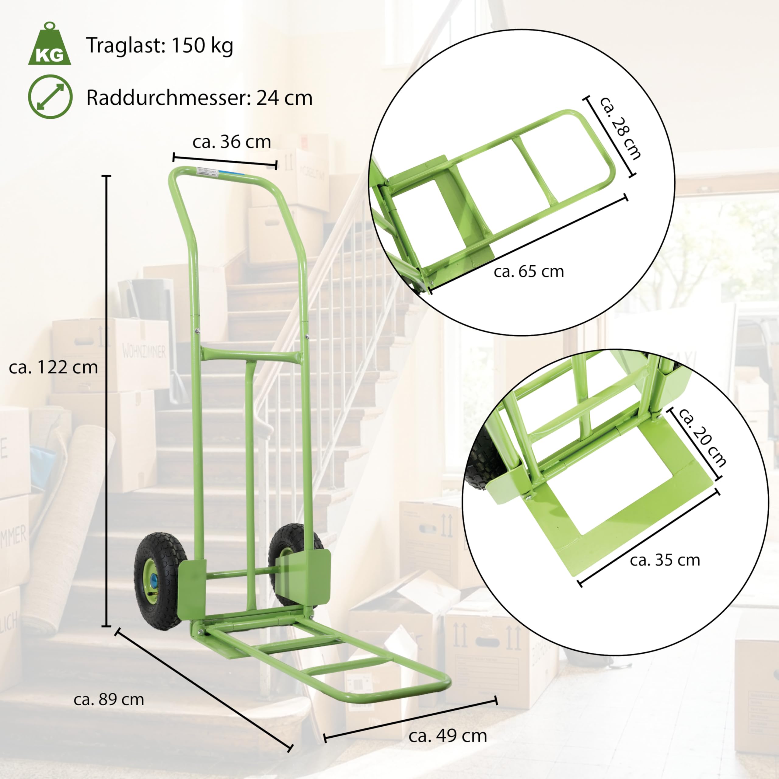 Sackkarre Paketsackkarre mit 2 Plattformen klappbar grün 150 kg Tragkraft 24 cm Reifendurchmesser 49 x 89 x 122 cm Gesamtmaße Transportkarre