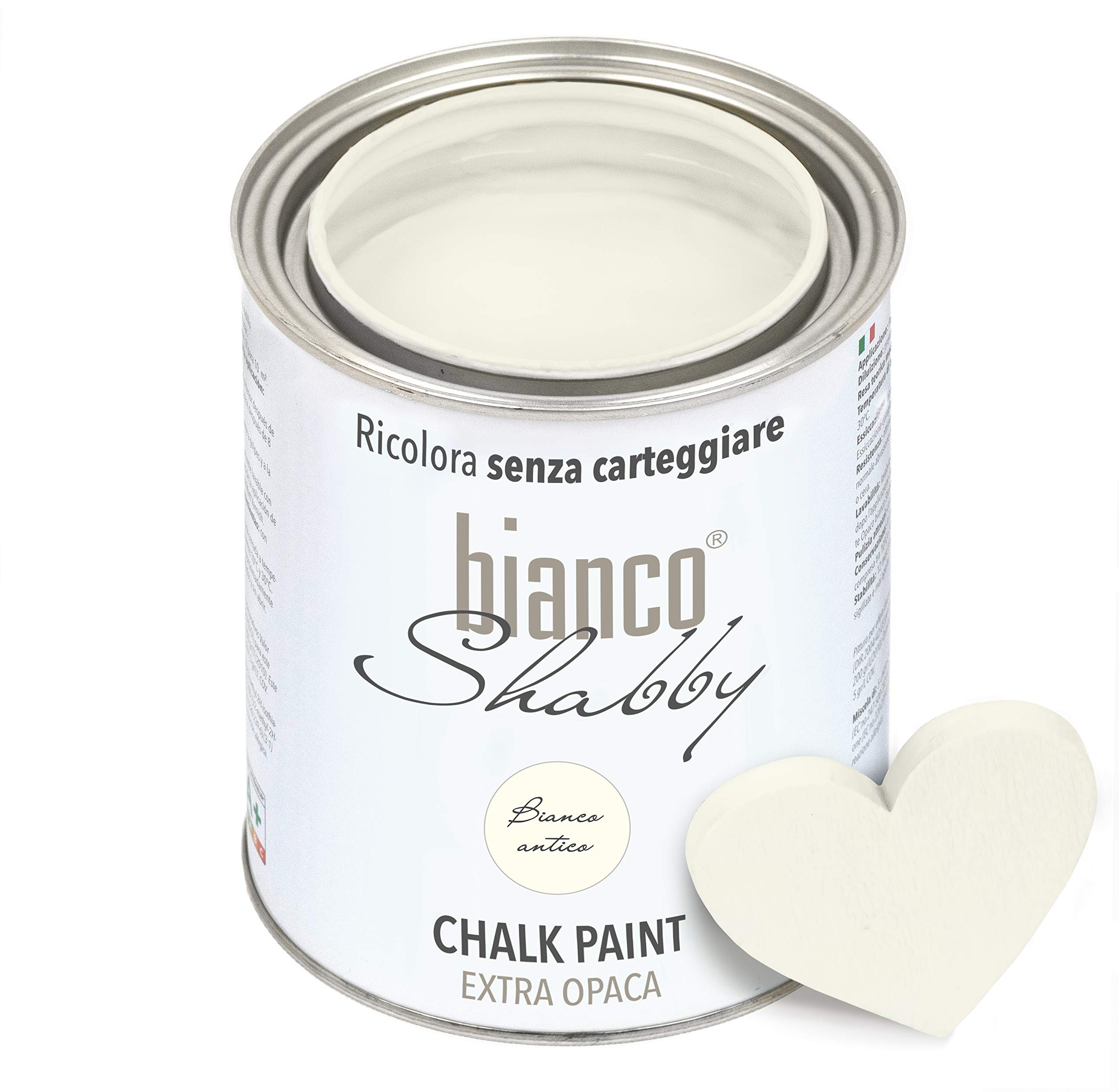 CHALK PAINT Bianco Antico & FINITURA + PENNELLO - Pittura Shabby Chic EXTRA OPACA (1 Litro) + Finitura Trasparente Opaco (1 Litro) + 1 Pennello Pro 40 mm