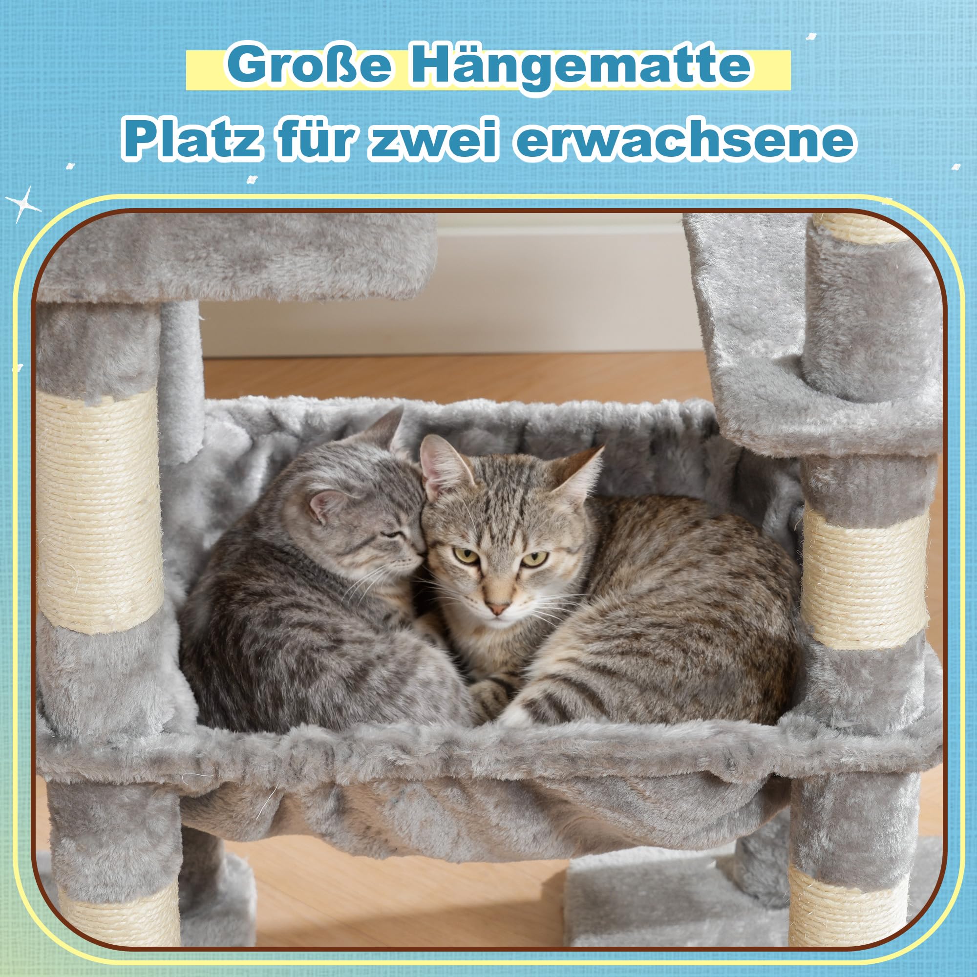 Hey-brother Kratzbaum, Katzenbaum mit Grosse Plattformen für Großkatze, 127 cm hoch, Treppenstruktur, Katzenkratzbaum mit 2 höhlen, geräumiger Hängematte, Sisalkratzbrett und Korb, Hellgrau MPJ071W