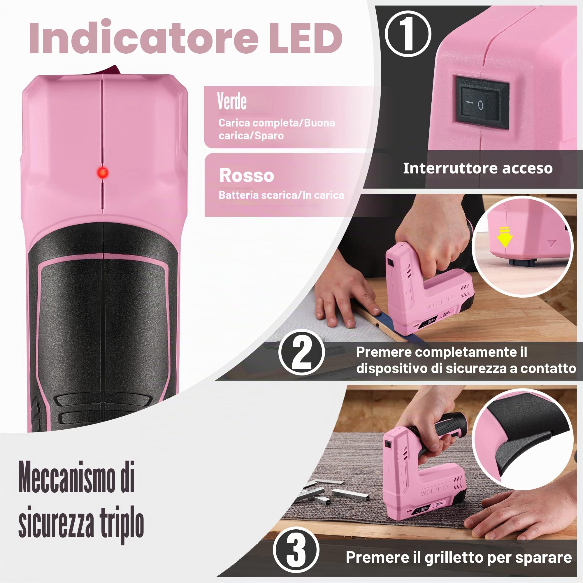 WORKPRO Cucitrice senza fili 3,6 V 2000 mAh con 2000 graffette, pinzatrice multifunzione 2 in 1, compatibile con chiodi e graffette tipo 53, 8 per progetti fai da te in arredamento, falegnameria(rosa)