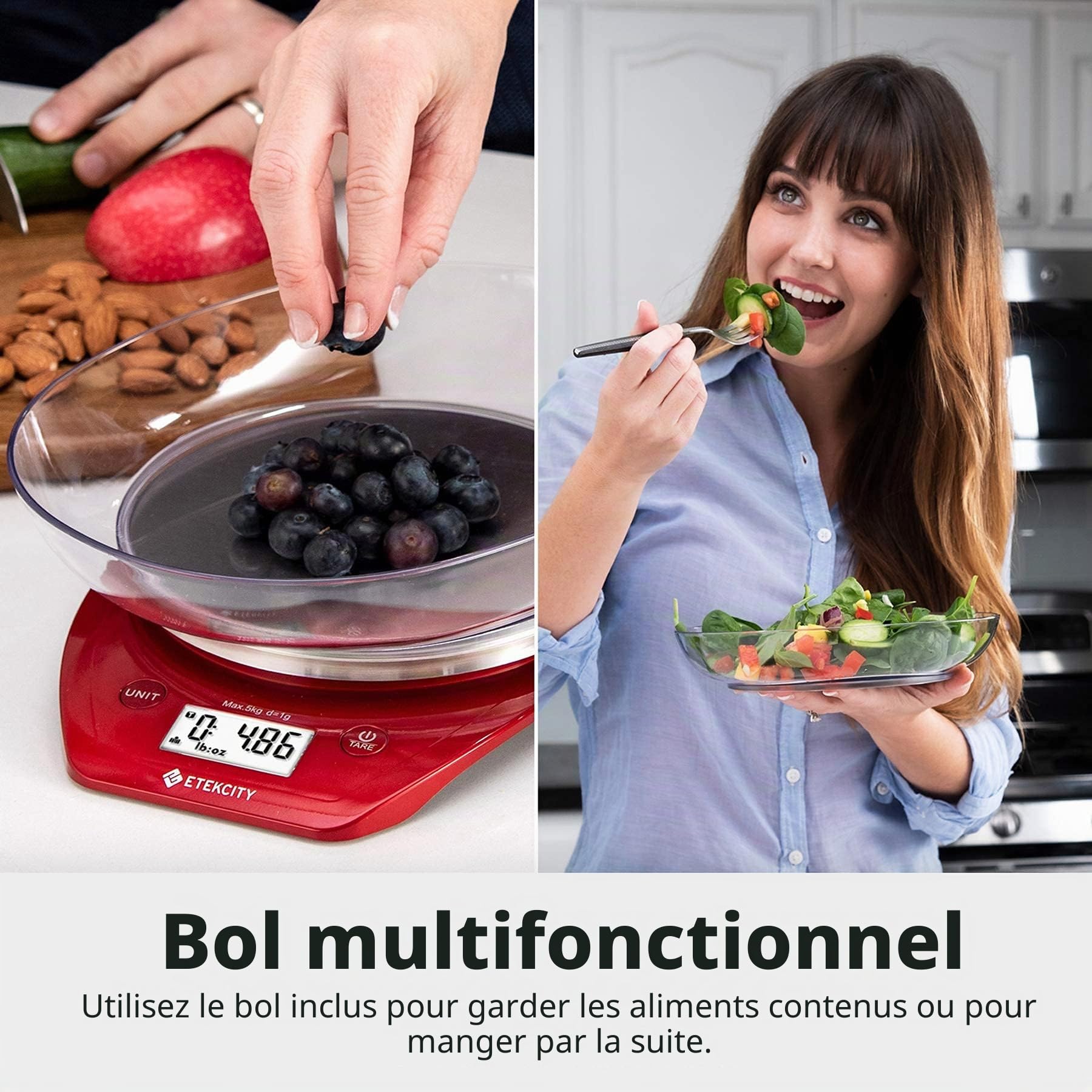 Etekcity EK5250 Bol de cuisine en acier inoxydable, 0,1 g, pour la cuisson, la préparation des repas, le régime céto, et la perte de poids, 5 kg