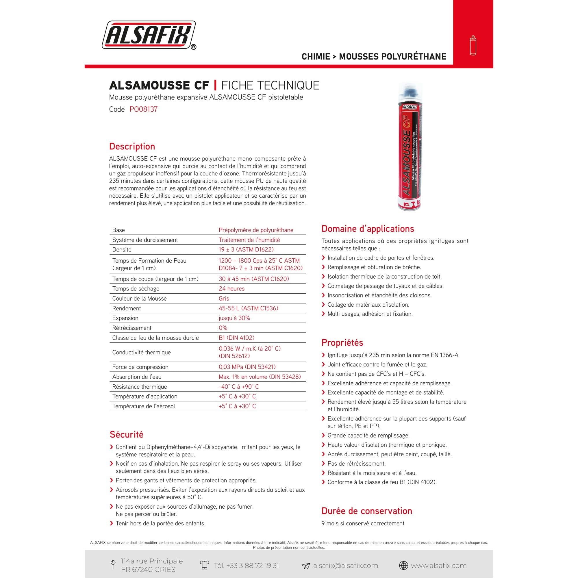 Alsafix - Mousse polyuréthane pistolable ALSAMOUSSE CF B1 coupe feu 750 ml - PO08137 - Alsafix