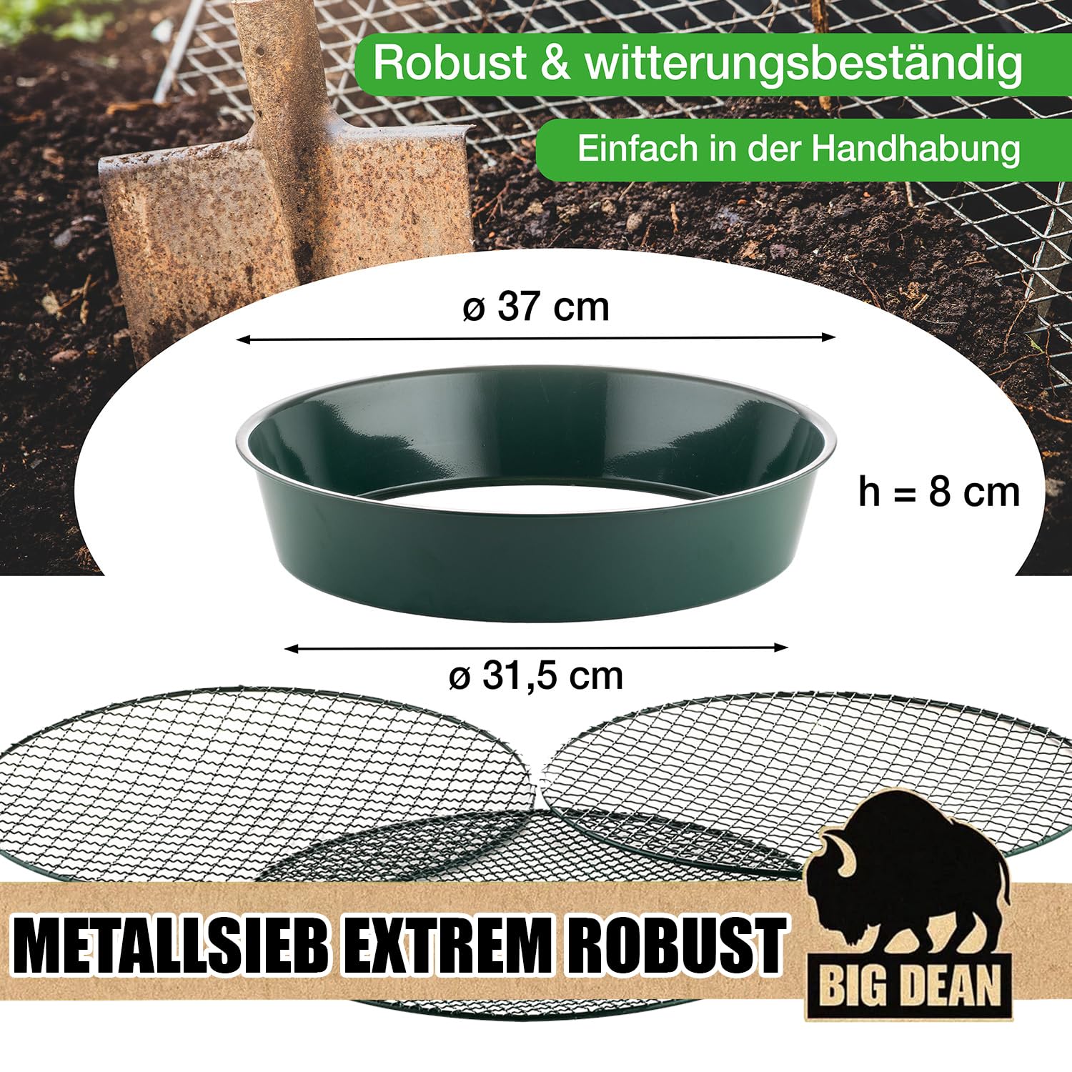 Tamis de jardin en métal avec 3 mailles 6,4 mm/9,5 mm/12,7 mm, tamis à sable rond, diamètre 37 cm, hauteur 8 cm, tamis de jardin, tamis à pierre, tamis à compost, lot de 1