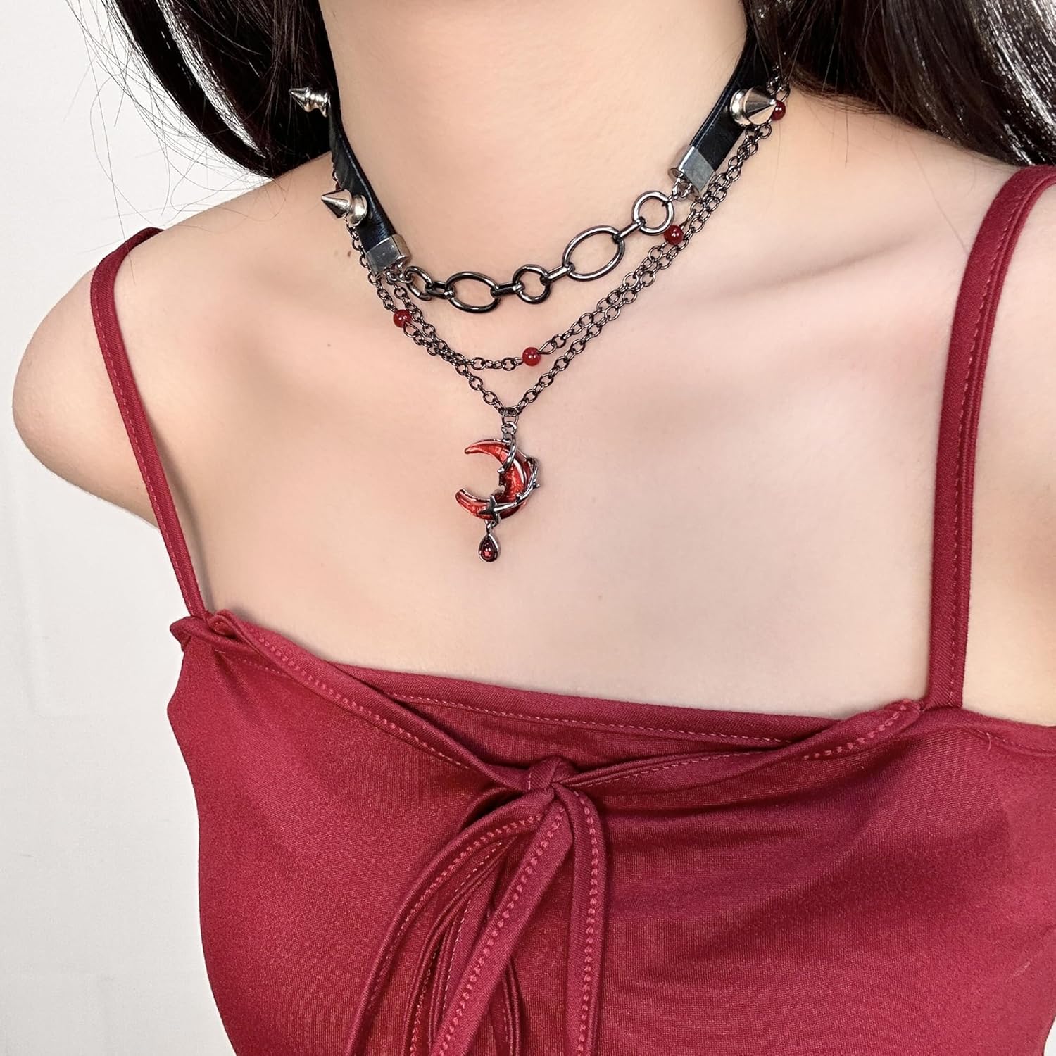 Nojess Gothic Crescent Moon Pendant Necklace for Women Black Vintage Layered Necklace Spike Leather Chain Choker Punk Jewelry Halloween Vampire Costume Accessories - Image 4