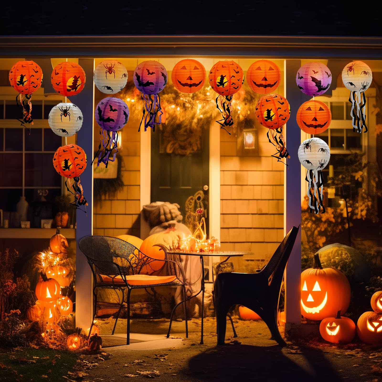 Lot De 4 Lanternes Halloween En Papier - Citrouille, Chauve-souris, Araignée - Déco Intérieur/extérieur