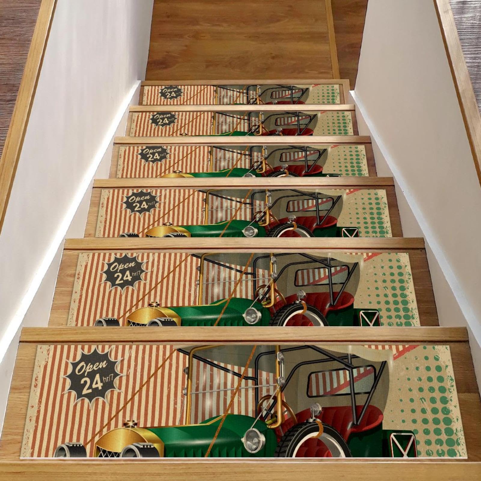 Alfombras de interior antideslizantes para escaleras de madera con estampado de coche vintage 15u