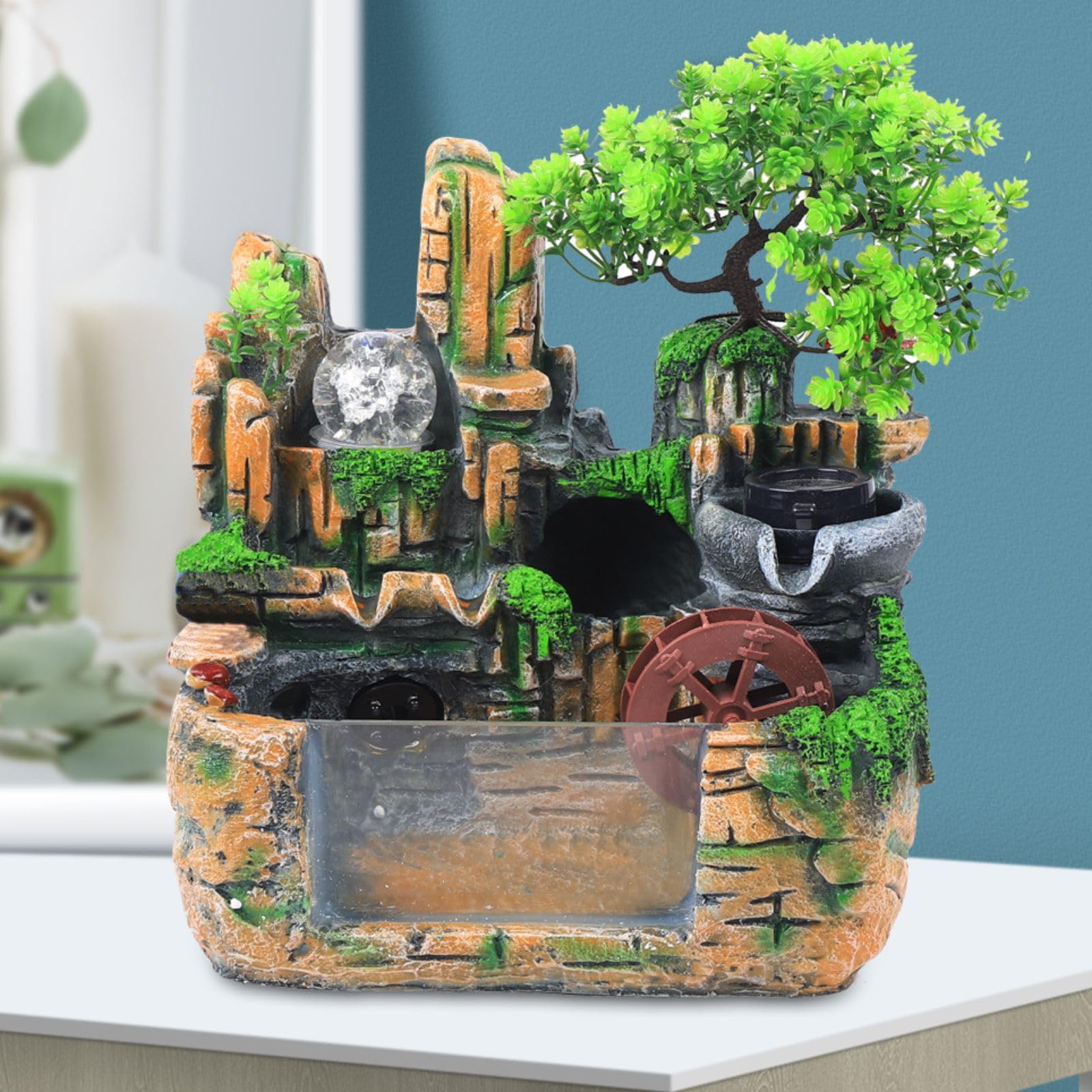 Rockery Water Waterfall Fountain Decorative,Fountain Feng Shui Wheel Waterfall,Water Feature Led Fountain Lights Zen Meditation Indoor Waterfall Features Office Living Room Relaxation
