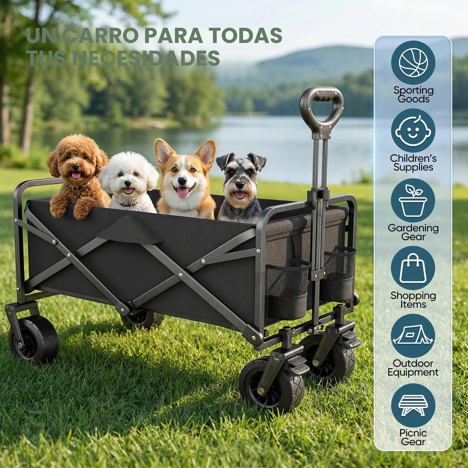 Carro plegable de 100 l, tela Oxford 600D, carrito de jardín con ruedas con mango ajustable, para camping, al aire libre, pícnic, playa