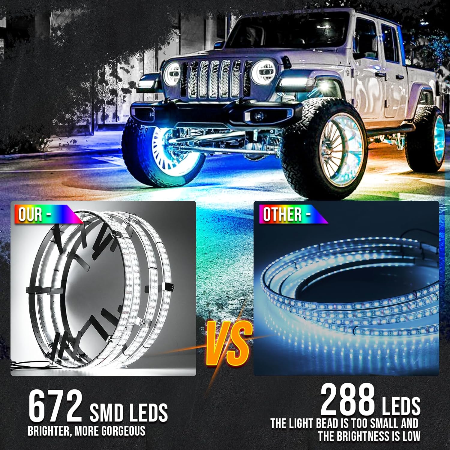 Adjustable 14-18inch 2-Rows Adjustable Wheel Ring Lights, RGBW Wheel Lights for Truck, LED Chases Dancing Color Rim Lights Fit for All Truck Pickup Car SUV Off-Road 4 Wheels Vehicle