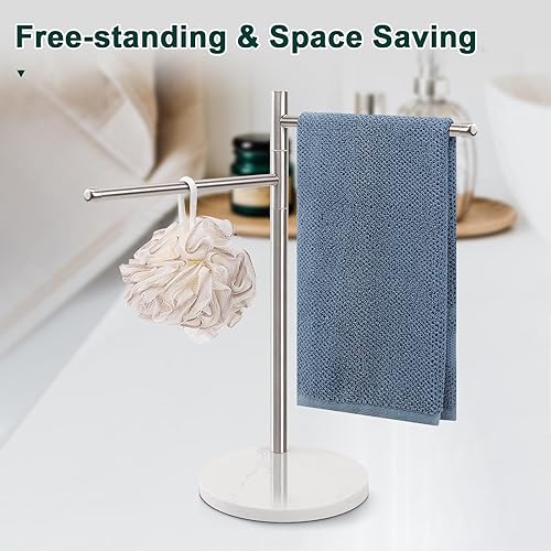 Miniatura 7 de BathAce Toallero de mano, soporte para toallas de mano en forma de F con base de mármol, soporte de acero inoxidable con 2 brazos giratorios,