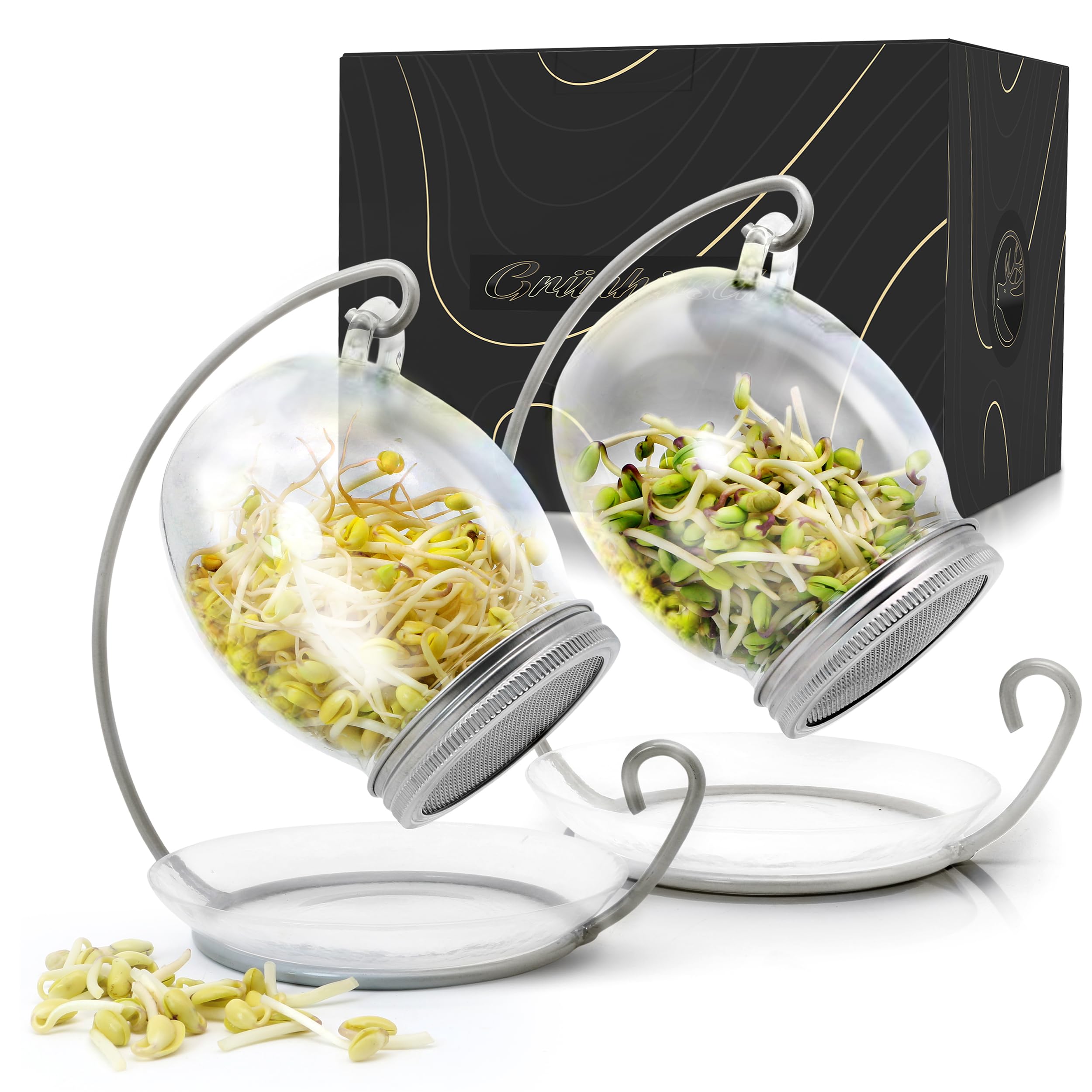 Grünhirsch Sprossenglas - 2er Set 2x900ml mit chirurgischen Edelstahl Deckel | Sprossenglas Keimglas Set mit rostfreiem Sieb & breiter Öffnung für bessere Luftzirkulation