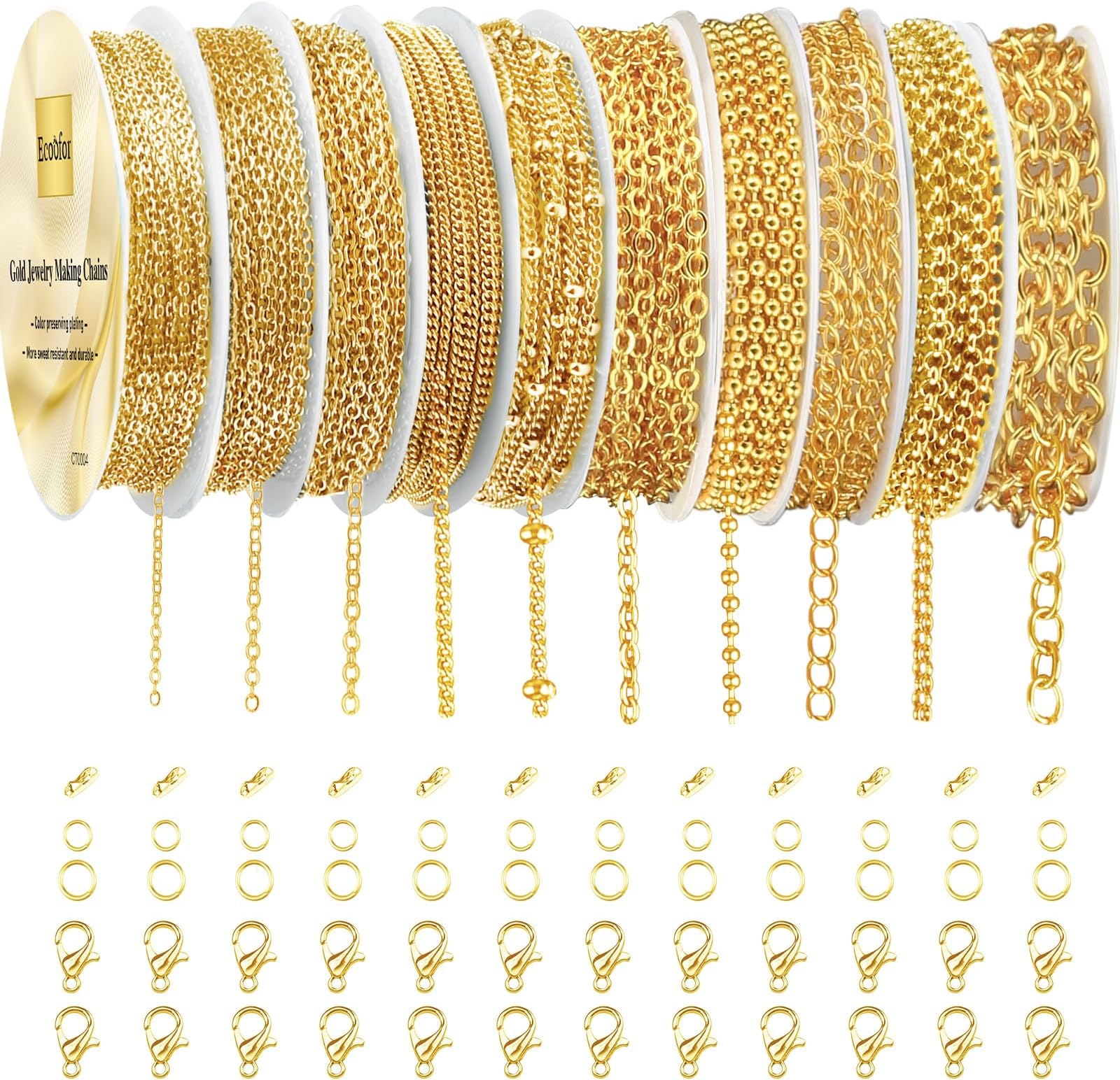 Ecoofor Gold Necklace Chains for Jewelry Making, 78.7 Feet 10 Rolls Jewelry Chains for DIY Necklace Bracelet Jewelry Making with Jump Rings/Lobster Clasps/Connectors