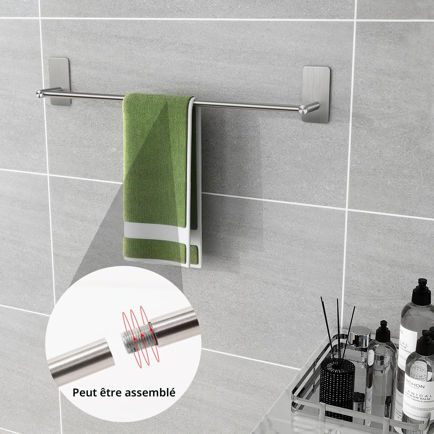 JS Barre Porte-Serviettes Auto-Adhesif en Acier Inoxydable Brosse pour Salle de Bain, 55 cm, Chambre a Coucher, Cuisine - Argente