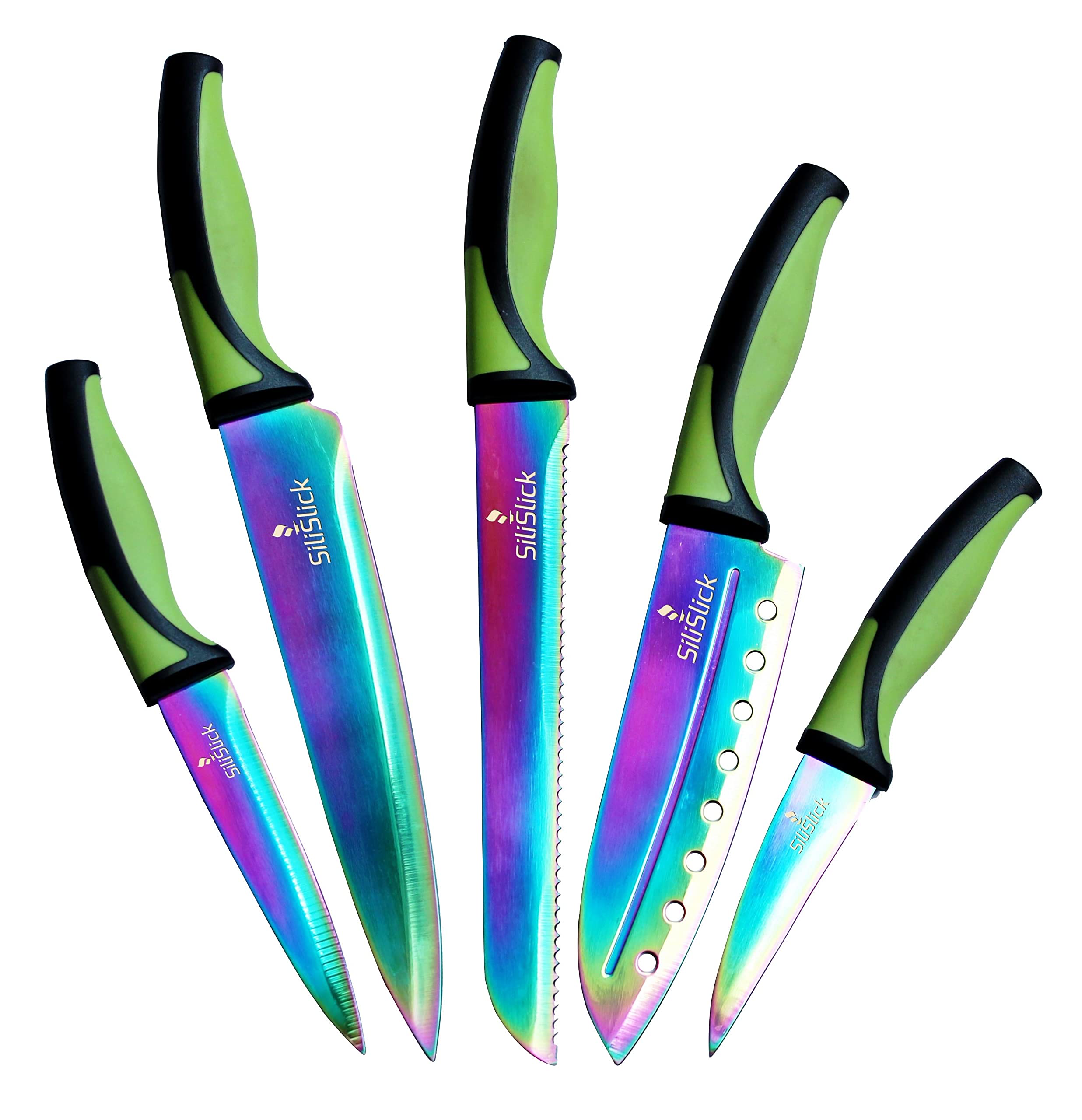 SiliSlick Kitchen Knife Set - 5 Chef Knives - Stainless Steel Blades with Ergonomic Handles & Rainbow Titanium Coating - Santoku, Bread, Chef, Utility and Paring Knife (Green Handle)