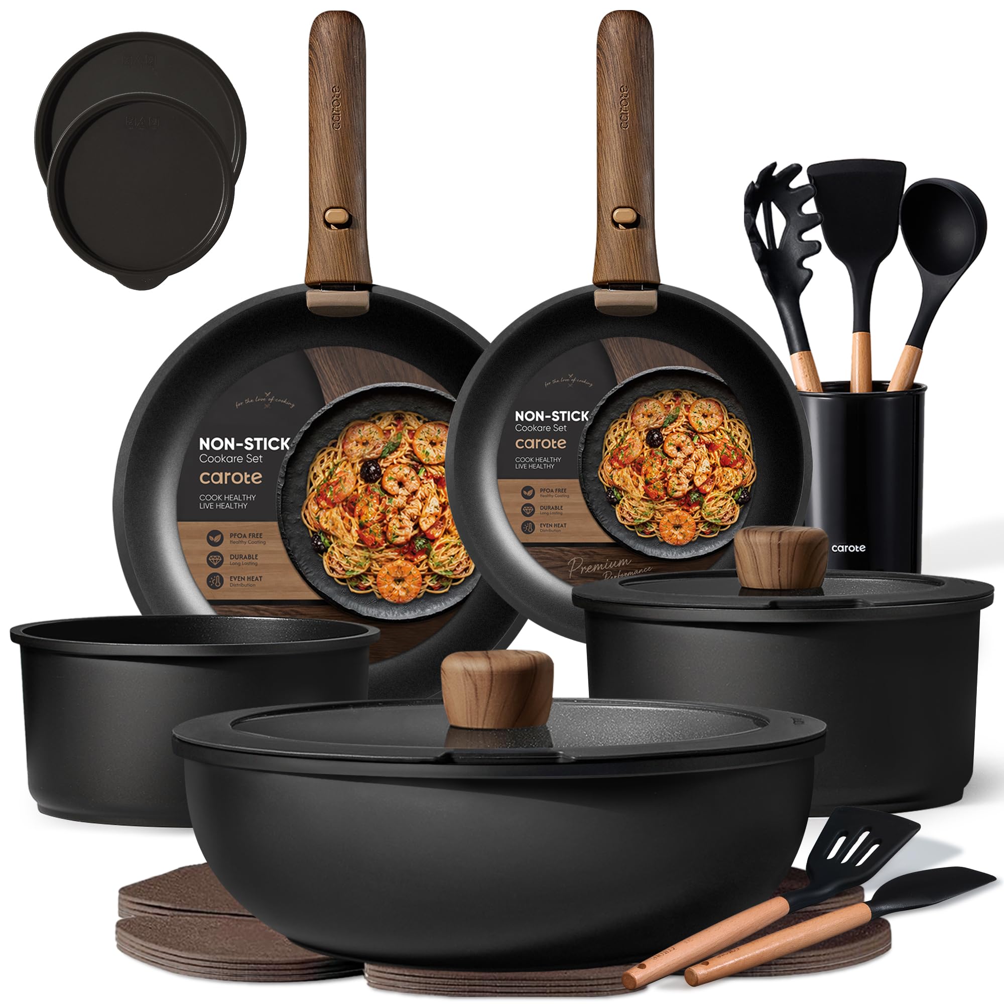 CAROTE 21pcs Pots and Pans Set Non Stick, Detachable Handle Cookware, Black | Induction Compatible, Dishwasher & Oven Safe, Space Saving, for Camping/RV/Traveling, Kitchen Cooking Set, House Warming Gift