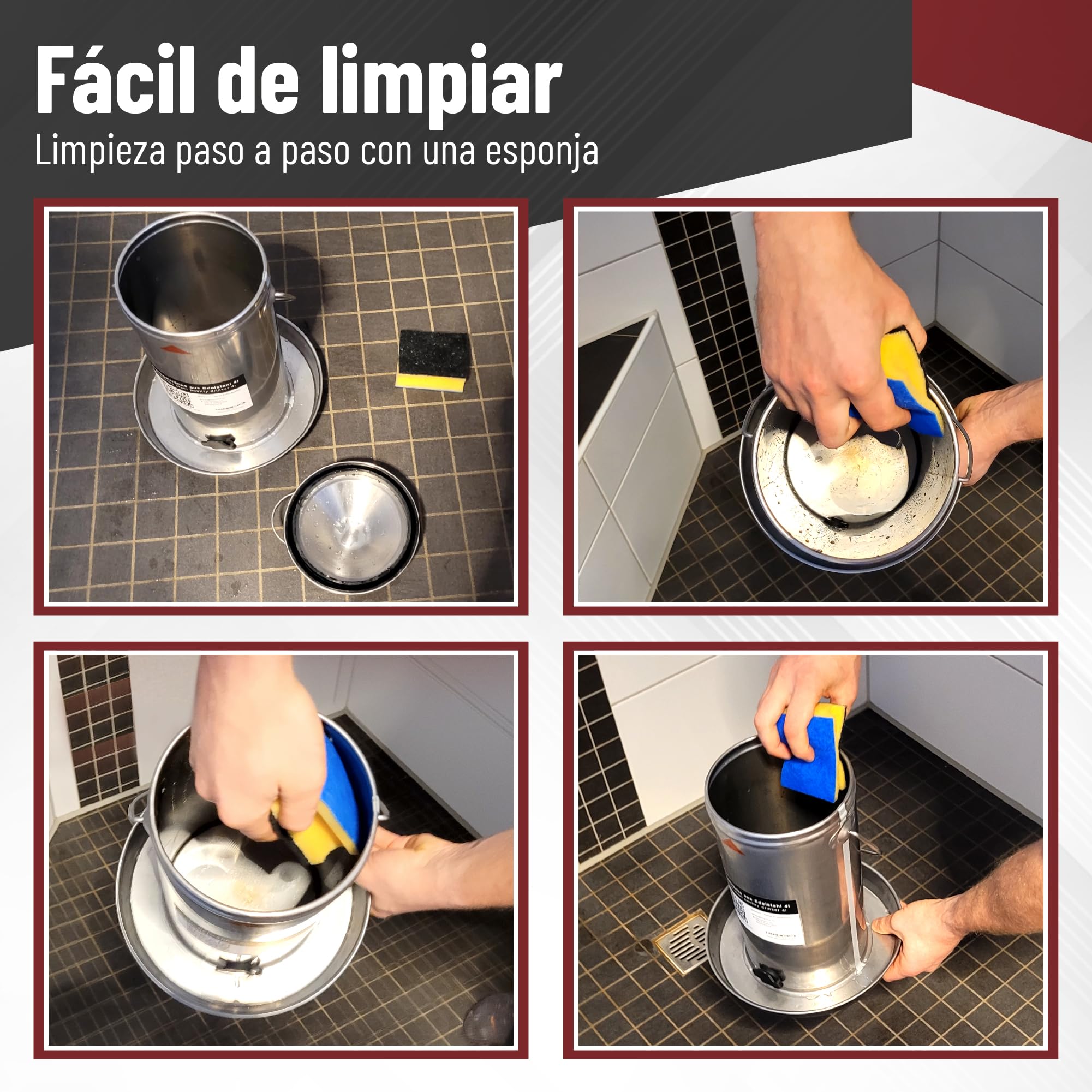 Bebedero para Gallinas 4L de Acero Inoxidable 304 (V2A) – Llenado Superior, Compatible con Calentadores y Placas calefactoras, para gallinero