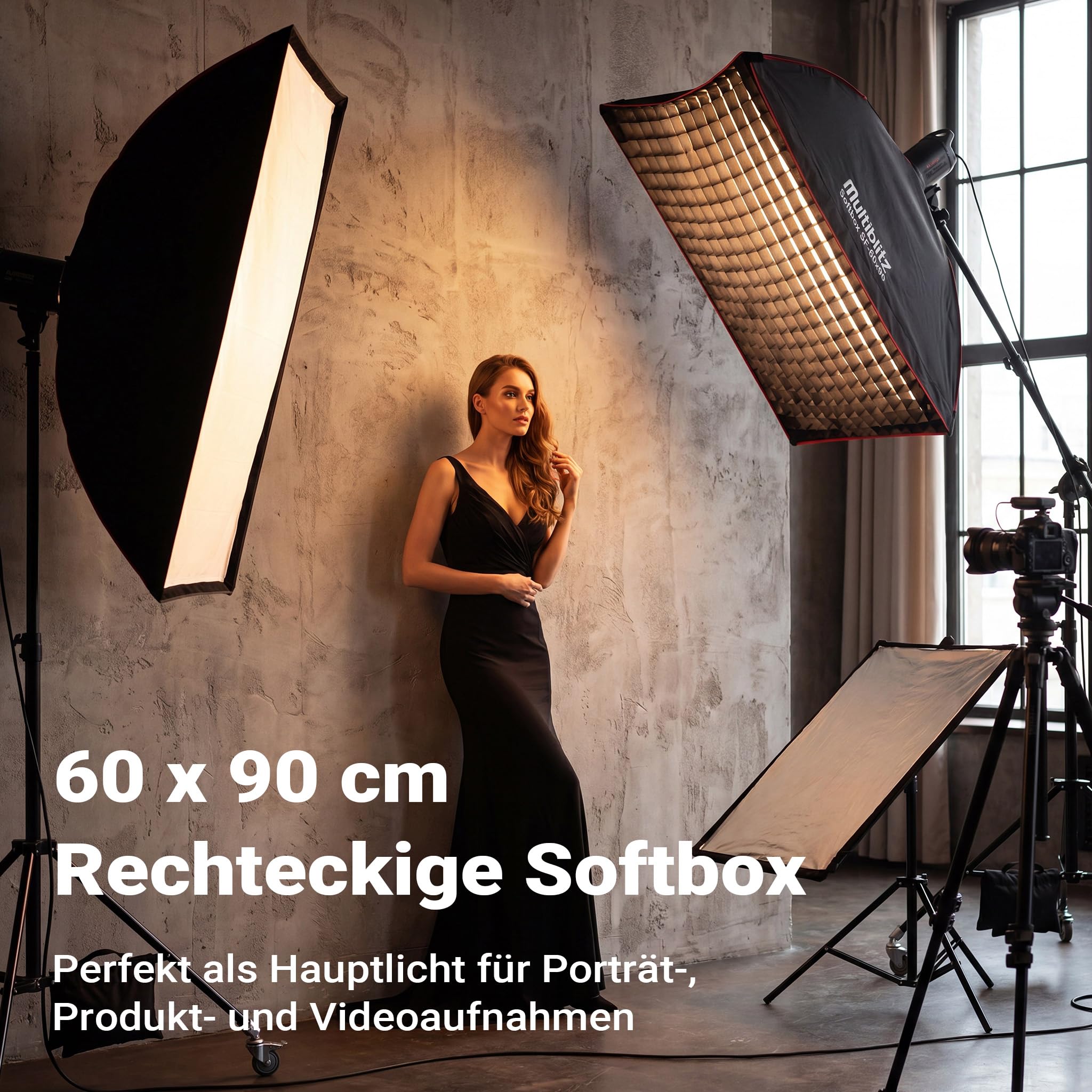 Multiblitz Softbox SF-60x90 Bowens mit Grid und Diffusoren, Lichtformer für Studioblitz und LED Dauerlicht, Lichtdiffusor für Porträtfotografie und Videobeleuchtung