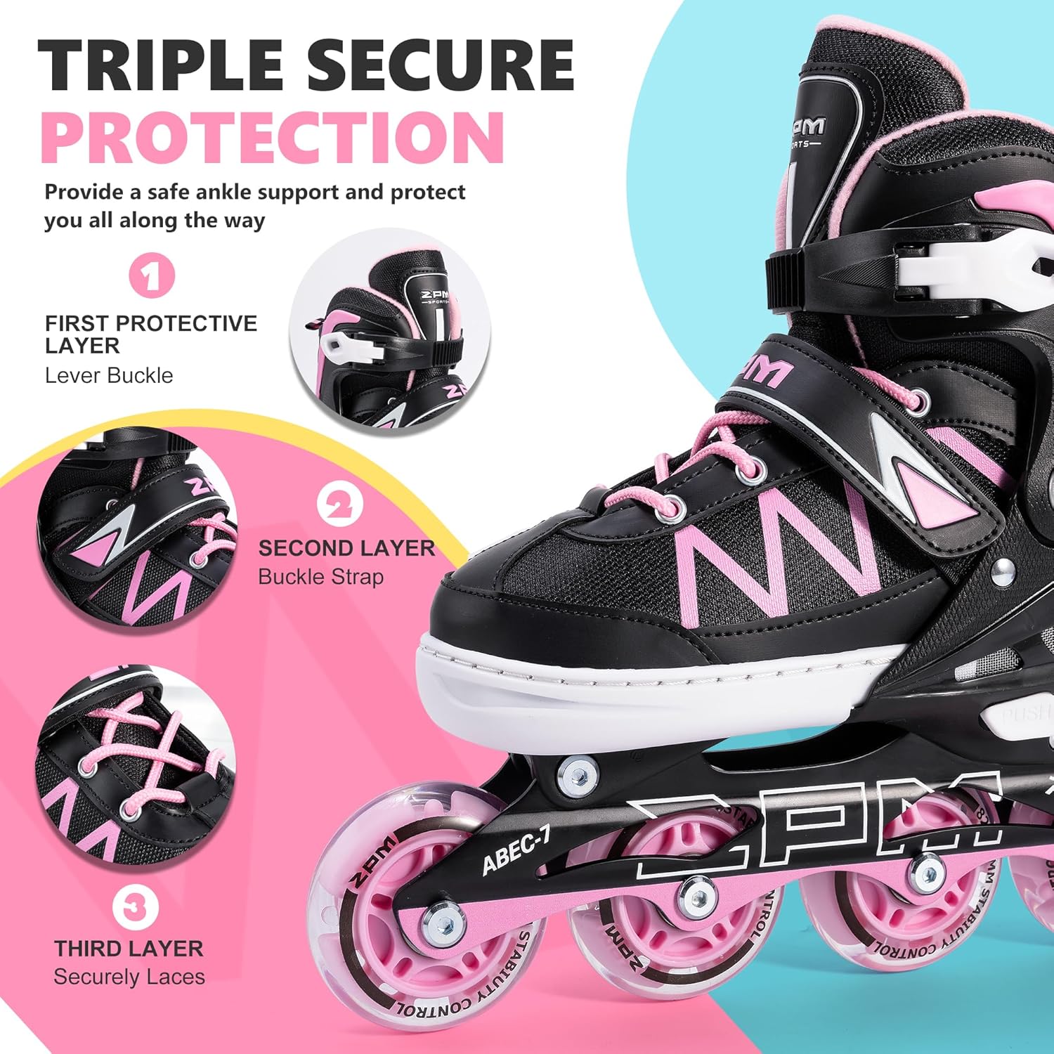 2PM SPORTS Girls Adjustable Inline Skates with Full Light Up Wheels, Fun Beginner Roller Skates for Kids Boys Youth