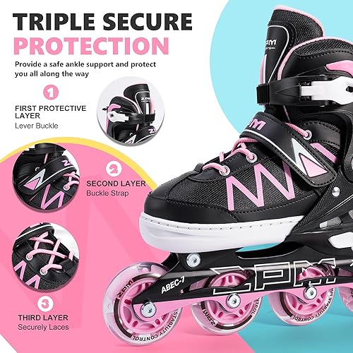 Miniatura 3 de 2PM SPORTS Patines en línea ajustables para niñas con ruedas de luz completa, divertidos patines para principiantes para niños y jóvenes