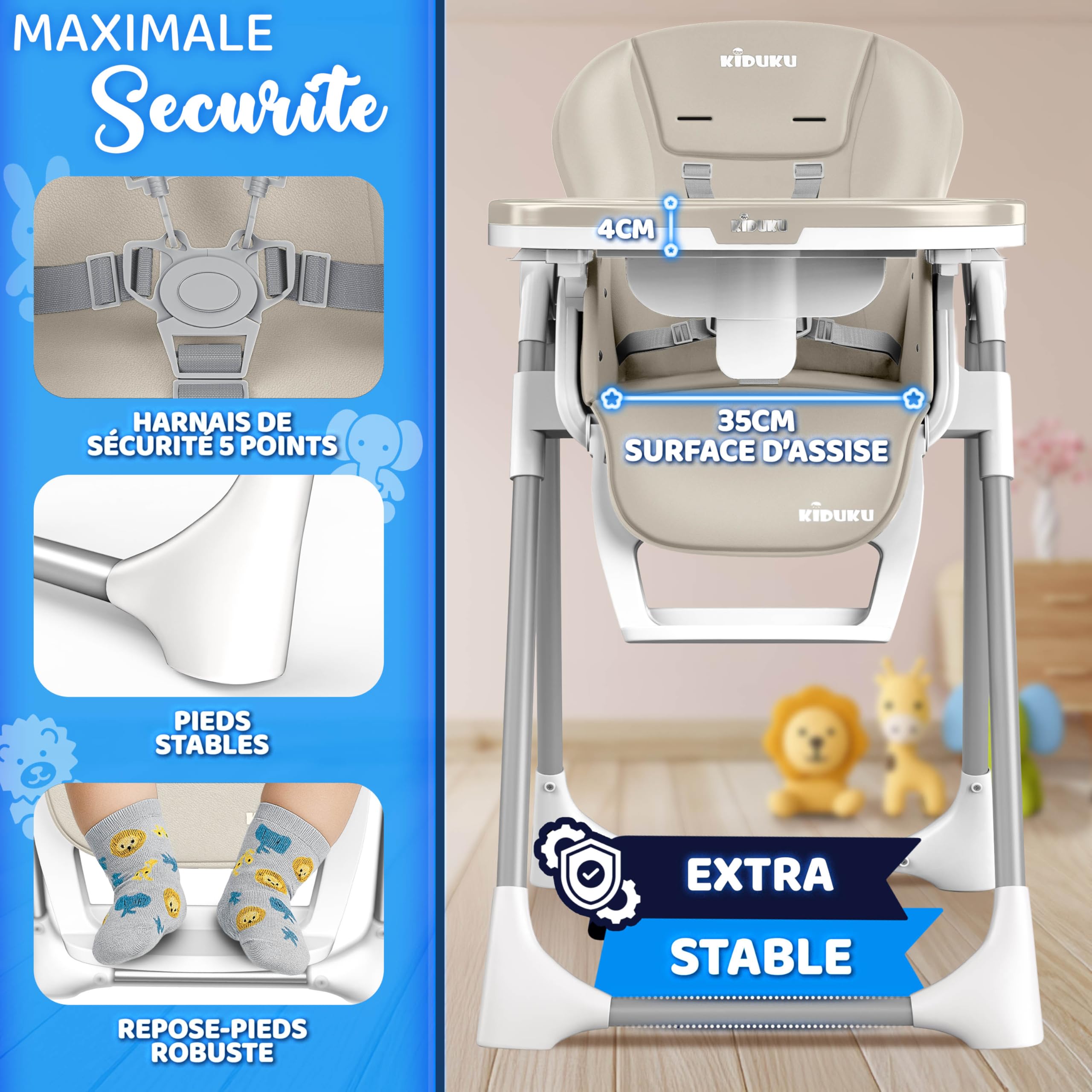 KIDUKU® Chaise Haute Bébé 3en1 avec Réducteur Nouveau-né & Bavoir | Chaise d'alimentation Évolutive Pliable avec Arche de Jeu | Chaise Haute Réglable en Hauteur 7 Positions pour 0-36 Mois (Beige)