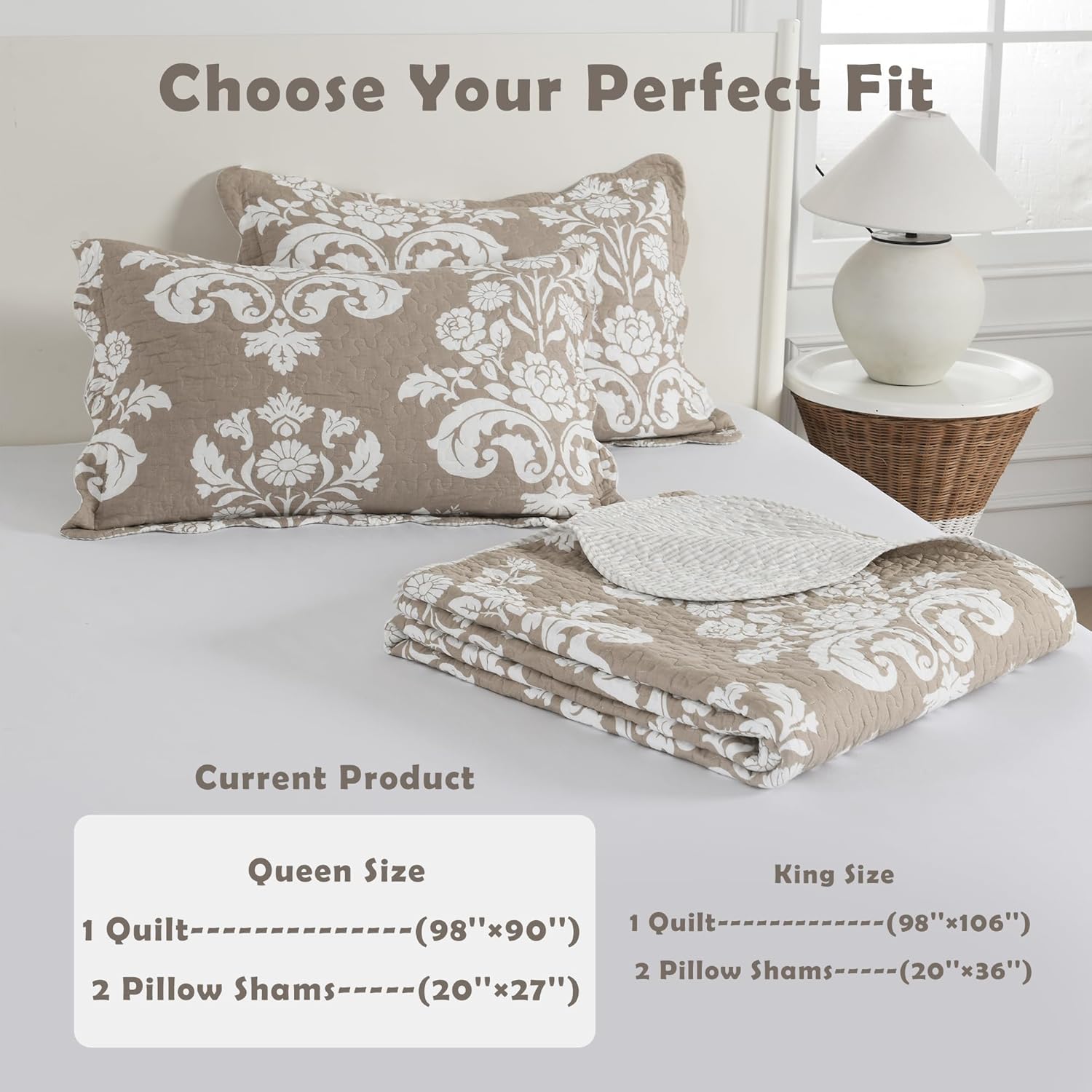 Taupe Queen Quilt Set - 100% Cotton Farmhouse Floral & Striped Quilts - Taupe and White Reversible Quilt Bedding Set - Lightweight All-Season Coverlet Bedspread Set 3-Piece | Breathable & Soft, Earth Tone Decor