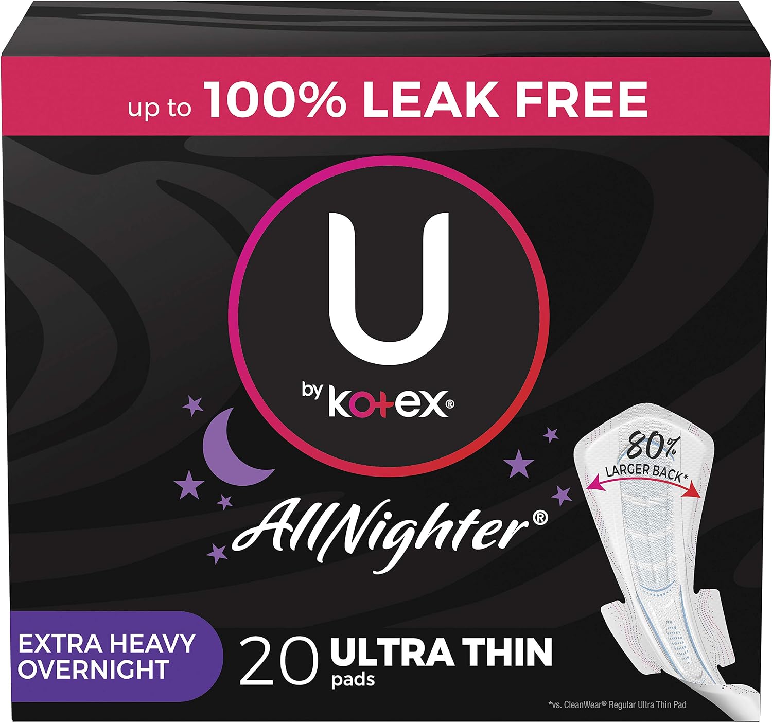 U by Kotex AllNighter Extra Heavy Overnight Feminine Pads with Wings, Ultra Thin, 20 Count