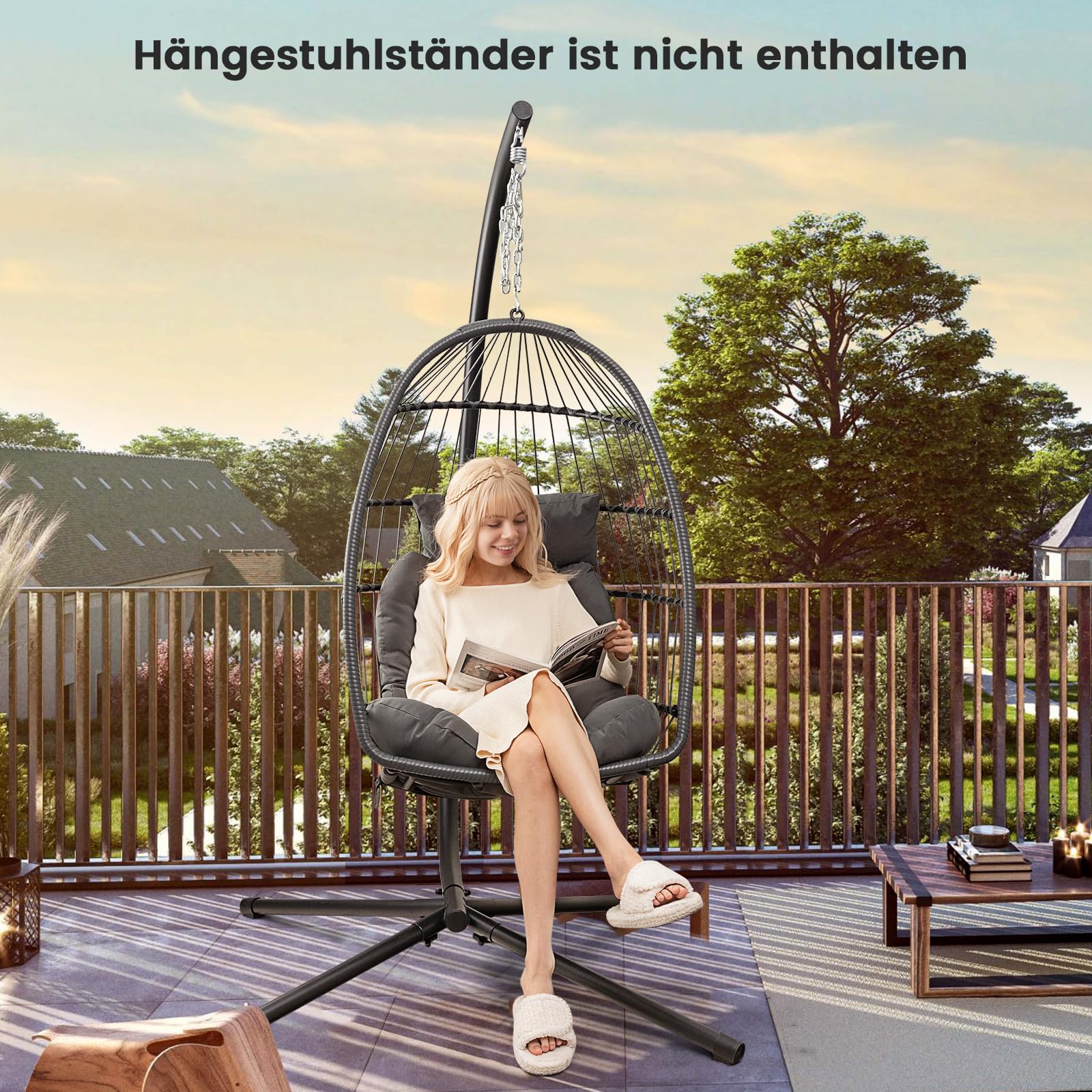 COSTWAY Hängesessel, Faltbarer Hängekorb Sessel aus PE-Rattan mit weichem Kissen, Hängeschaukel, Hängesitz mit Hängezubehör, Hängestuhl für Indoor und Outdoor, Grau