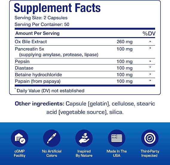 Multi Digestive Enzymes with Ox Bile Supplement - Clinical Strength Digestion Supplement with Pancreatin Pancreatic Enzymes for Protein Carb & Fat Digestive Support & Reduced Stomach Discomfort