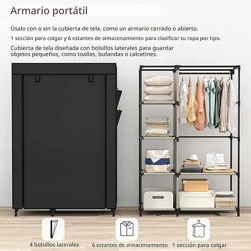 Miniatura 6 de Calmootey Organizadores portátiles de armario, almacenamiento de ropa, armario con 6 estantes y barra para colgar, cubierta de tela no tejida con 4