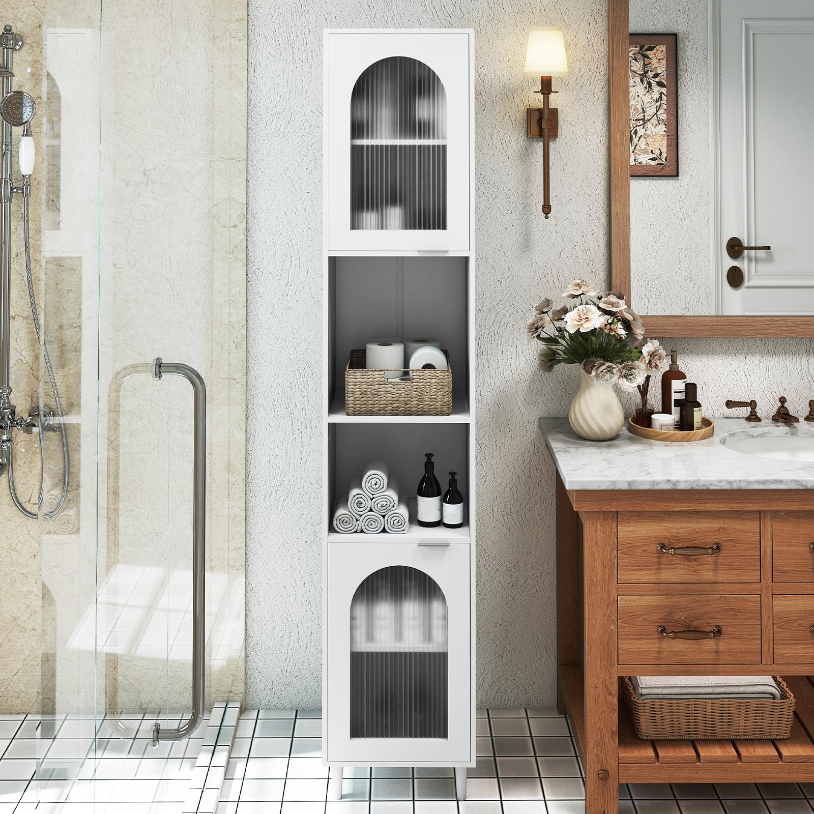GIANTEX Meuble Colonne Salle de Bain, Armoire Étroit Autoportante 180 cm avec Étagères Réglables, Compartiments Ouverts, Portes en Verre Trempé, Meuble de Rangement pour Salon, Cuisine, Blanc