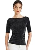Sparkle Glitter Tops for Women's Boat Neck Short Sleeve Sparkly Mesh T Shirts Top Blouse