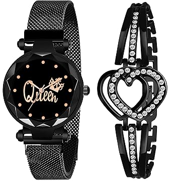 CERO Black Magnet Strap Analogue Womens and Girls Watch Sweet Heart Black Bracelet Combo for Girls & Womens Watch (Set of 2)