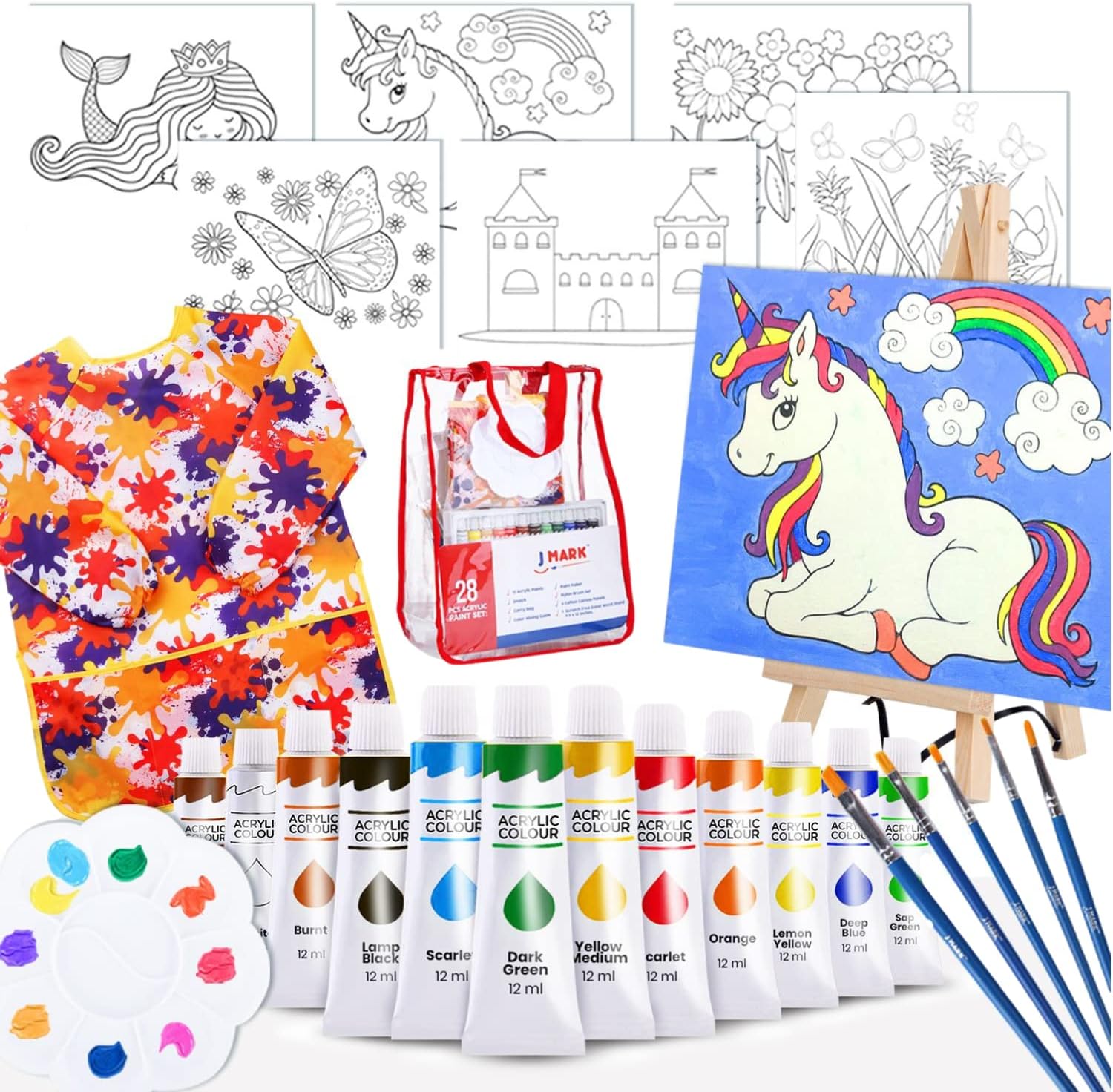 Paint Easel Kids Art Set- 28-Piece Acrylic Painting Supplies Kit with Storage Bag, 12 Non Toxic Washable Paints, 1 Scratch Free Easel, 6 Pre-Stenciled Canvases 8 x 10 inches, 5 Brushes, 10 Well Palett