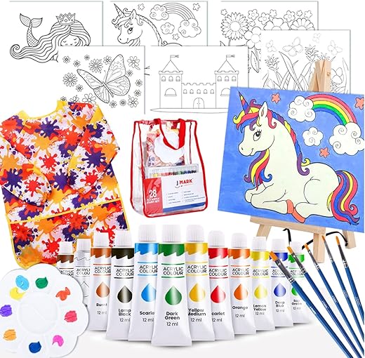 Kids Art Set for Girls – 28 Piece Acrylic Painting Supplies Kit with Storage Bag, 12 Washable Paints, 1 Scratch Free Paint Easel, 6 Pre-Stenciled Canvases 8 x 10 inches, 5 Brushes, 10 Well Palette