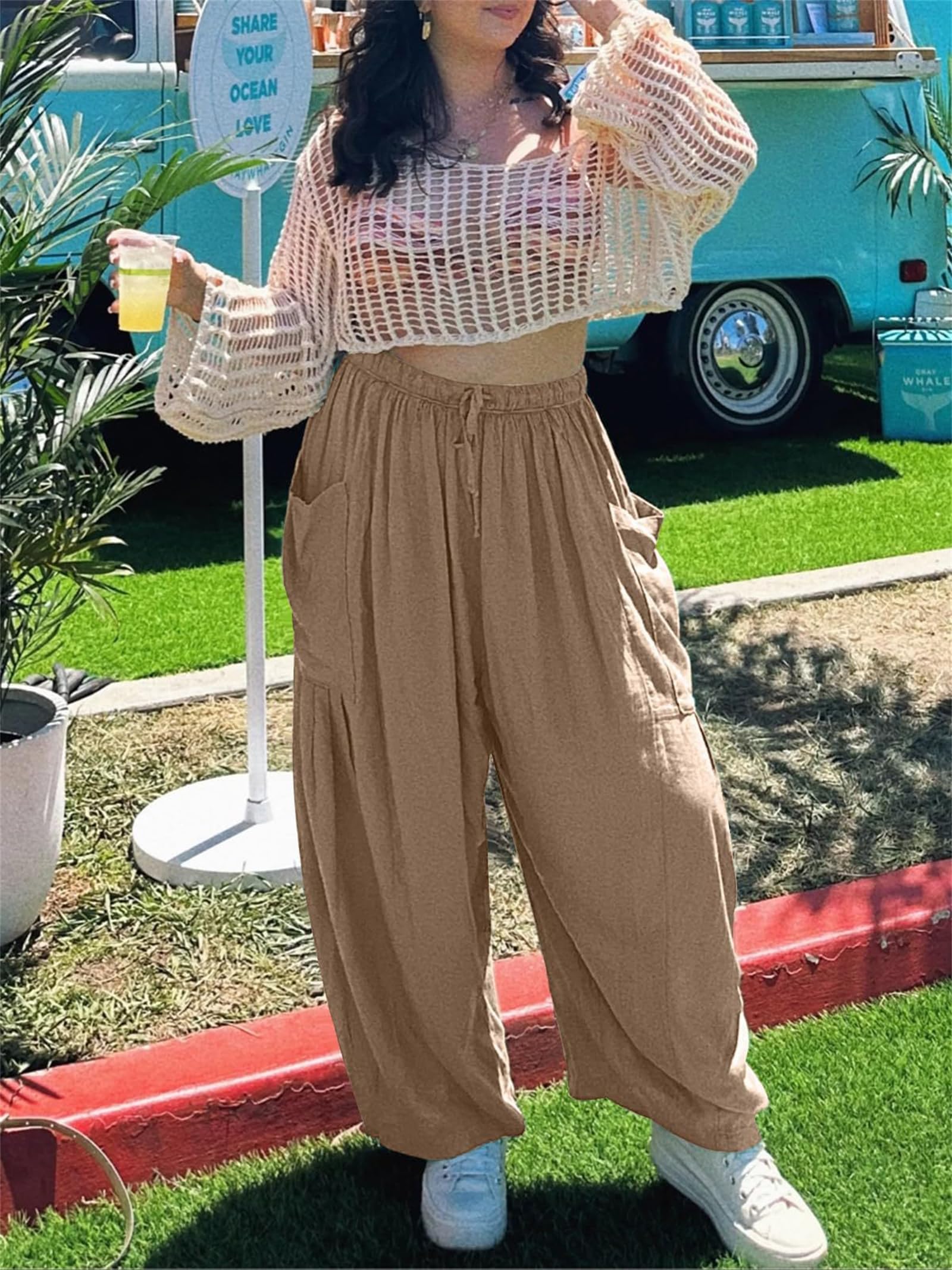 Pantalones Palazzo Anchos de Lino para Mujer, Estilo Casual, Holgados, con cordón Ajustable, Ideales para la Playa y el Verano
