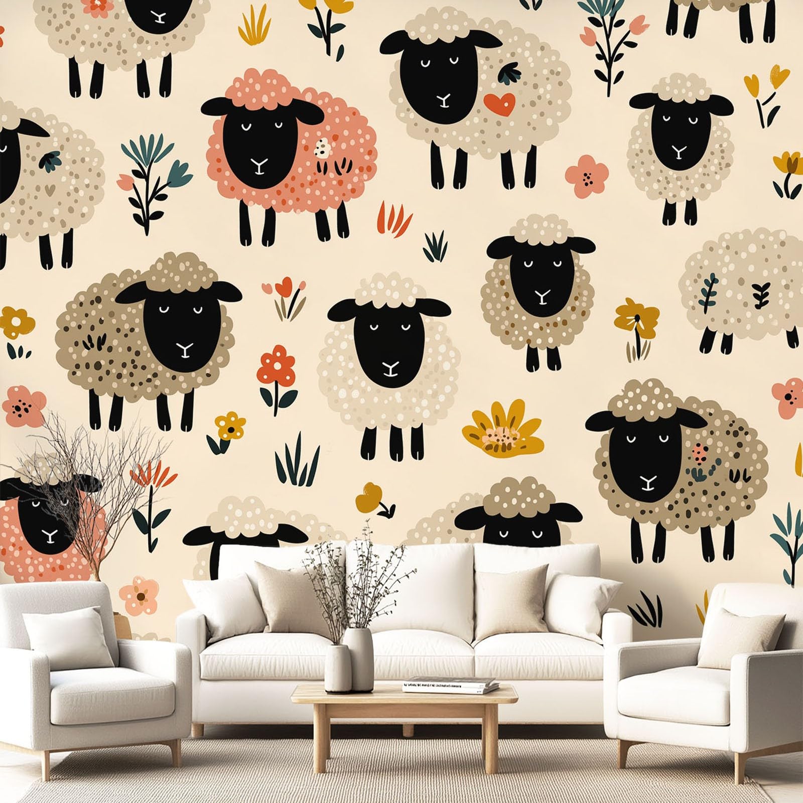 Tapeta 3D, ciepła, kreskówka, zabawa, 274 x 254 cm, mural ścienny, owca, zwierzę, beżowa tapeta do sypialni, przedszkola, malowniczego ogrodu