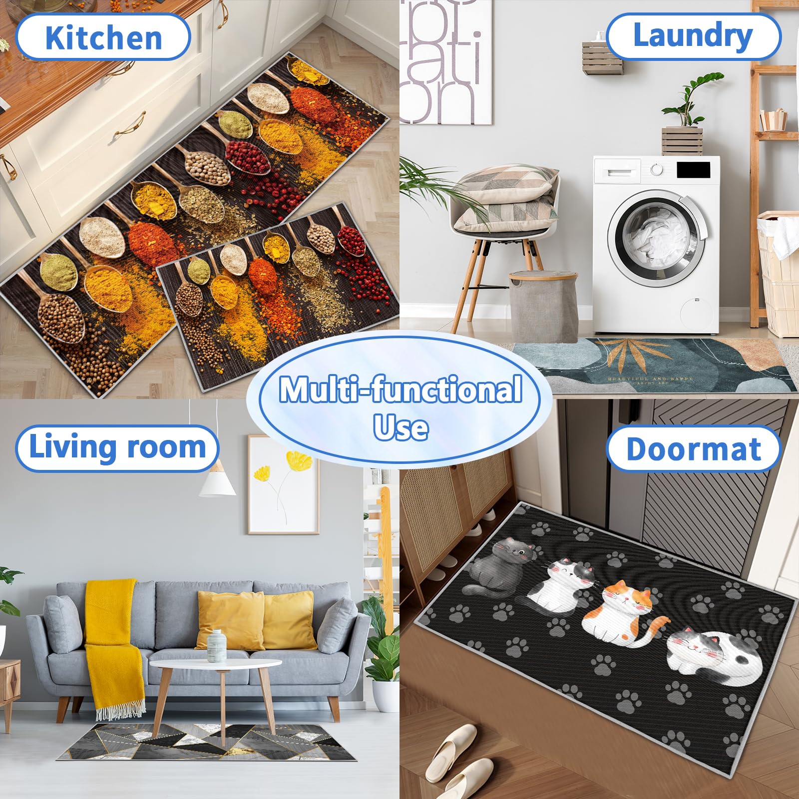 Tapis de Cuisine antidérapants Lot de 2, Absorbe l'eau et l'huile, Résistant à la poussière, Intérieur, Hamburger, 43 x 75 + 43 x 150 cm